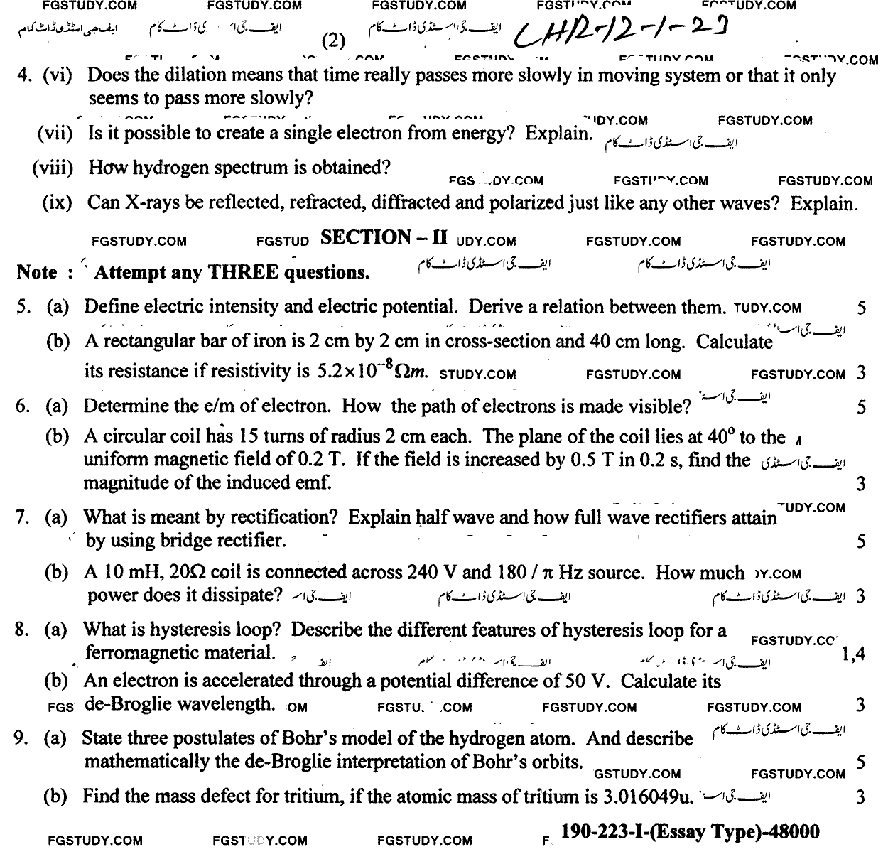 12th Class Physics Past Paper 2023 Lahore Board Group 1 Subjective