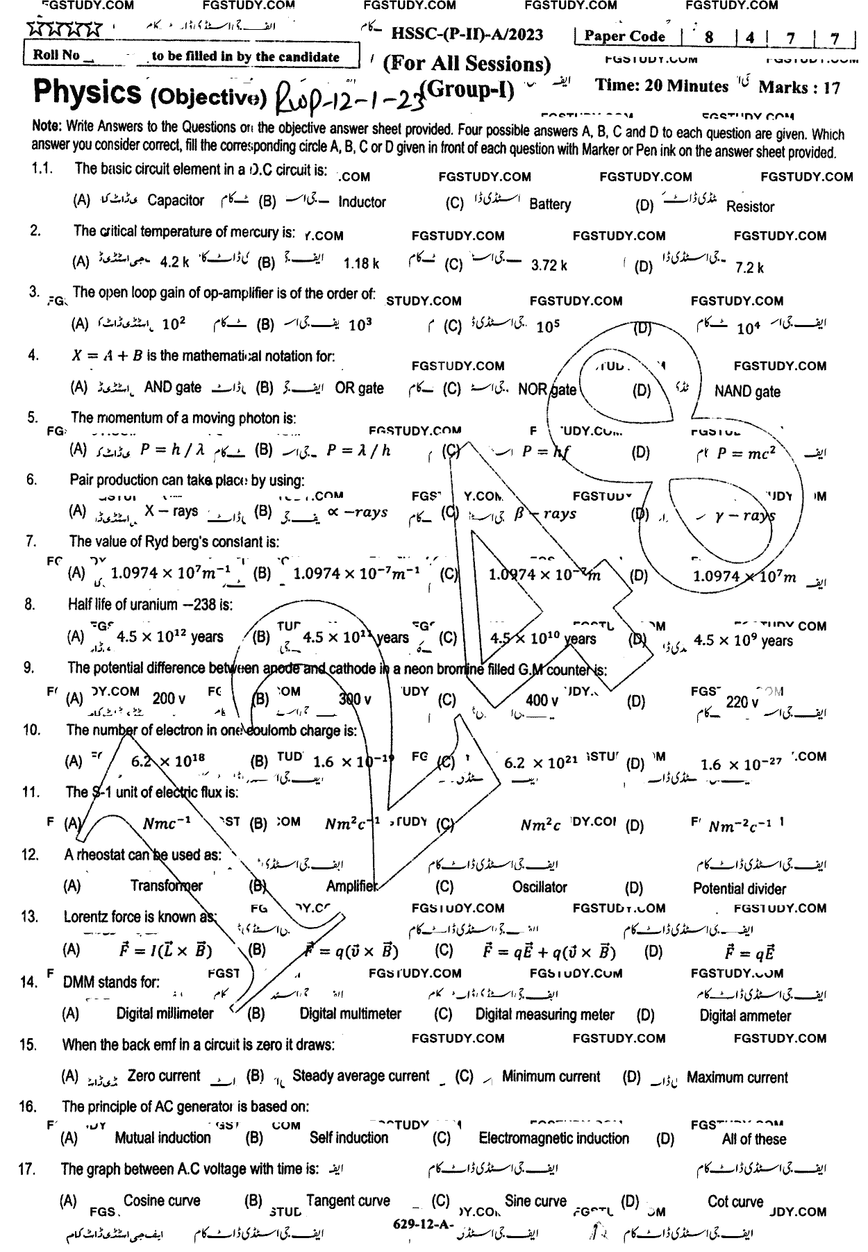 12th Class Physics Past Paper 2023 Rawalpindi Board Group 1 Objective