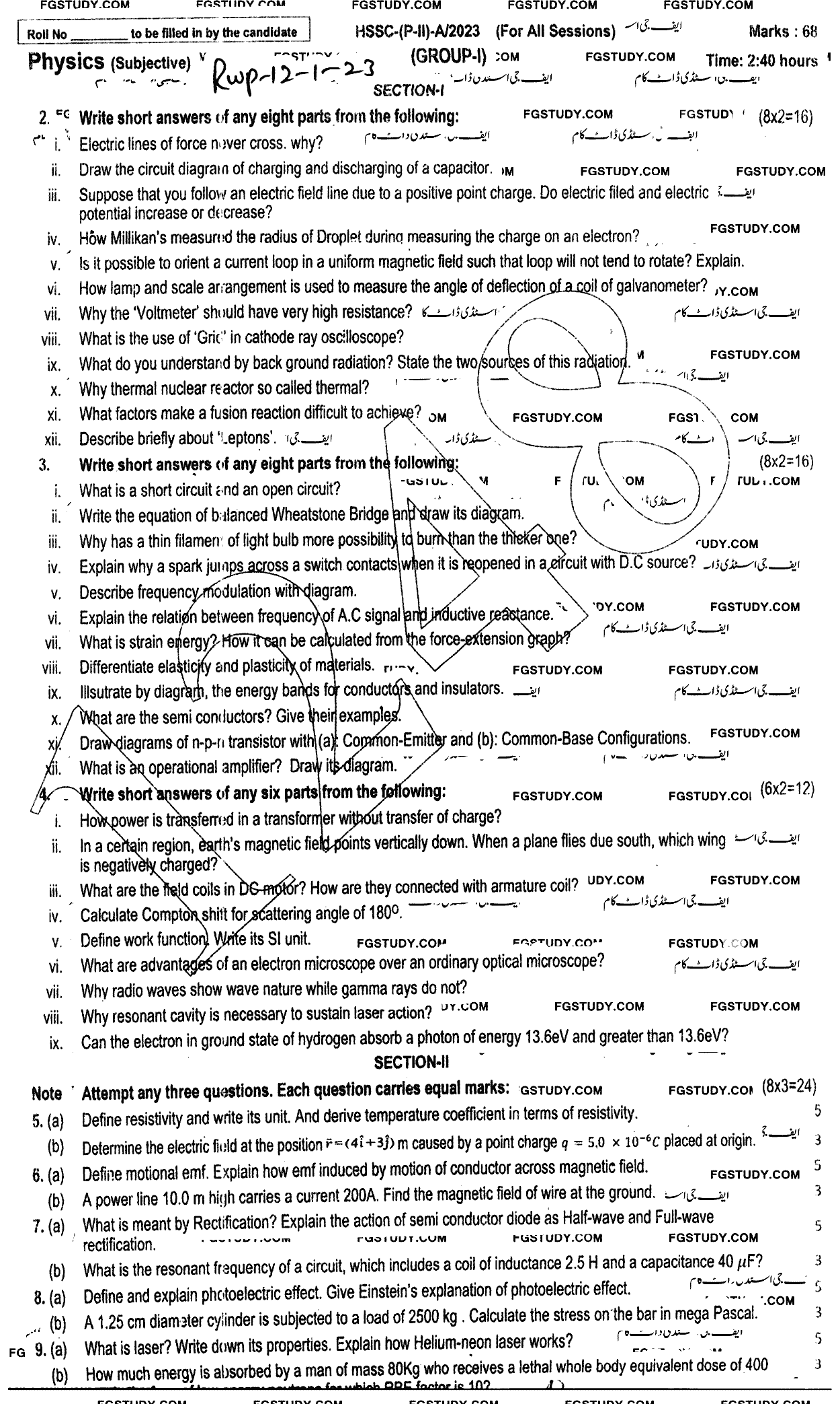 12th Class Physics Past Paper 2023 Rawalpindi Board Group 1 Subjective