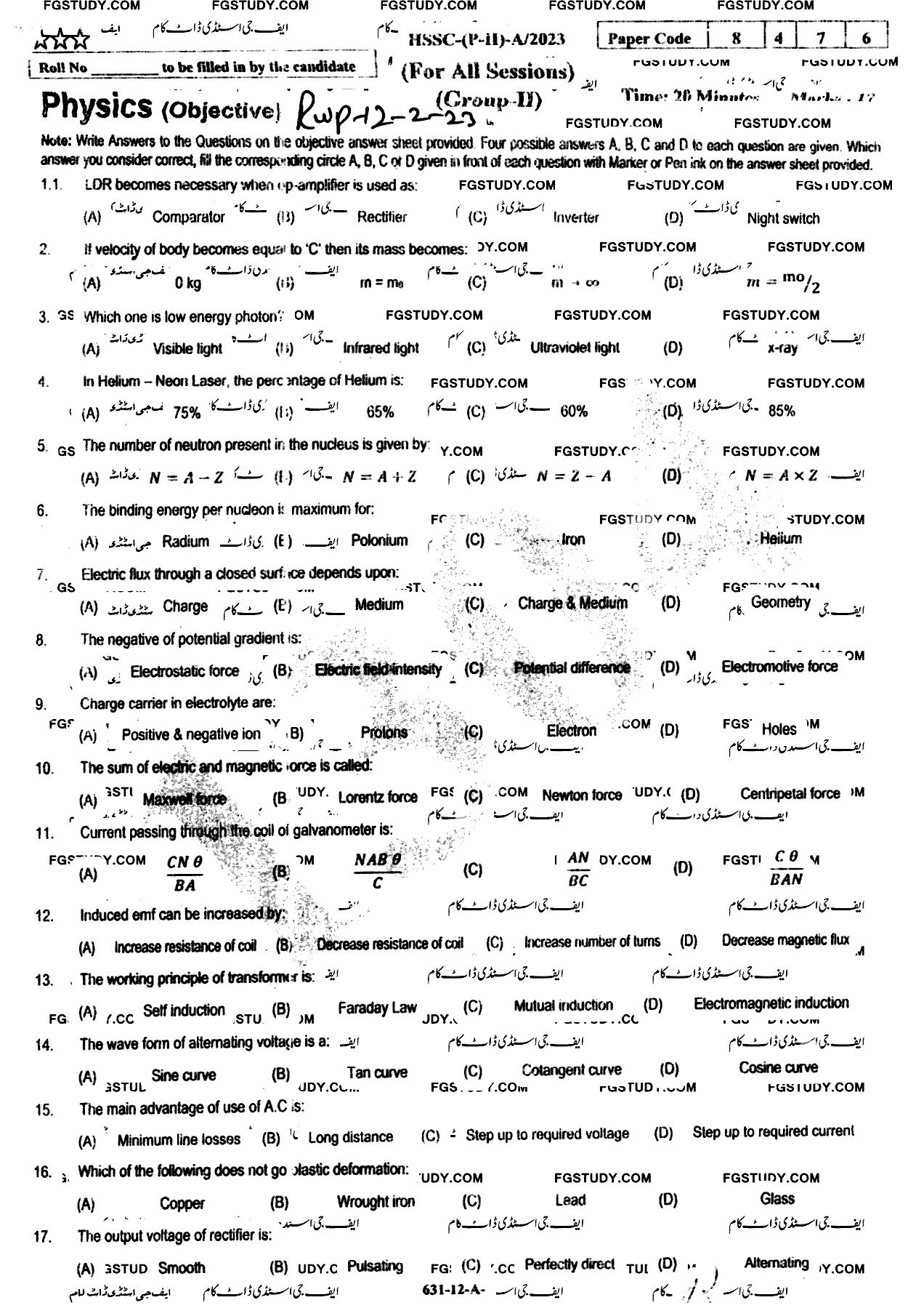 12th Class Physics Past Paper 2023 Rawalpindi Board Group 2 Objective