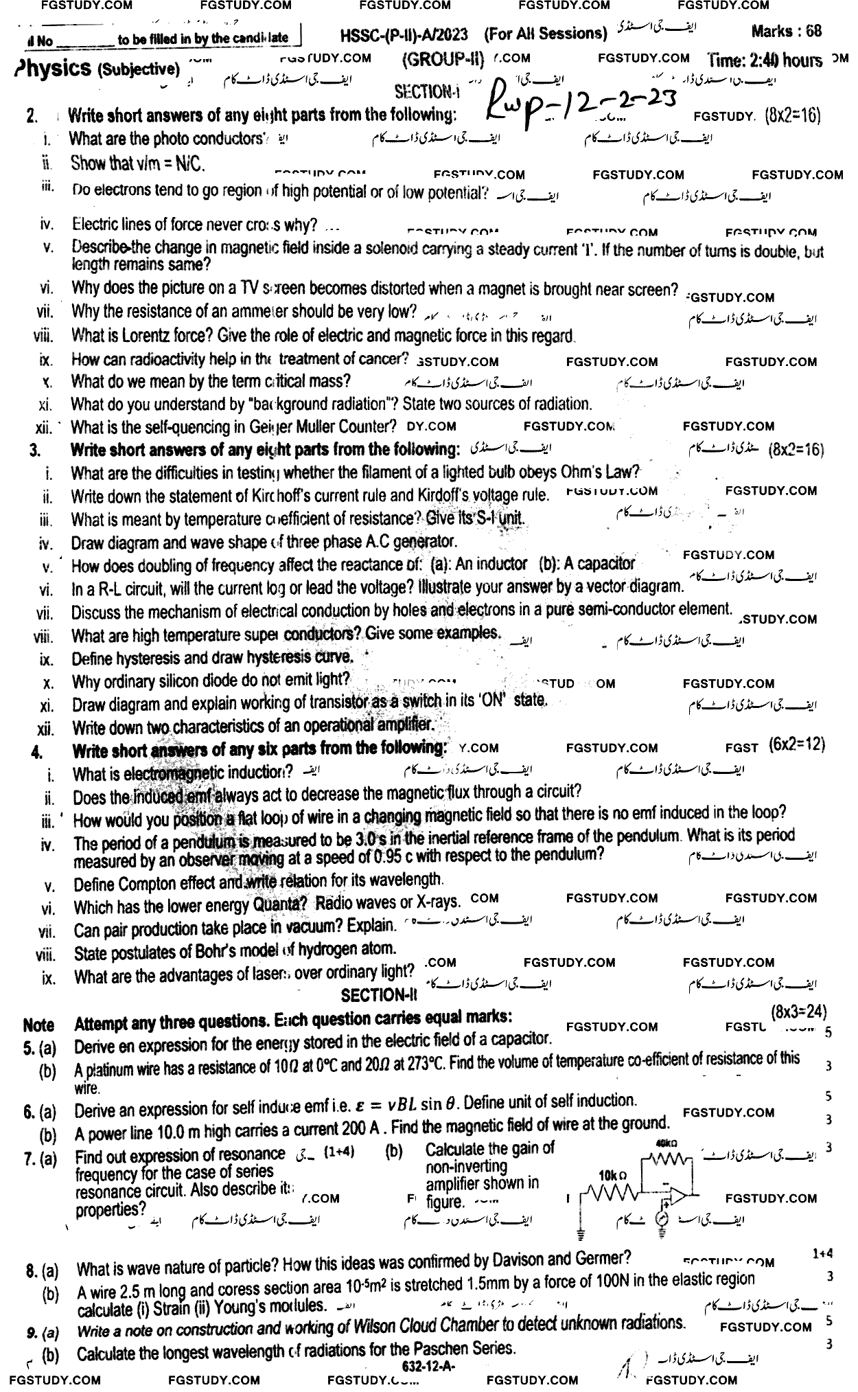 12th Class Physics Past Paper 2023 Rawalpindi Board Group 2 Subjective