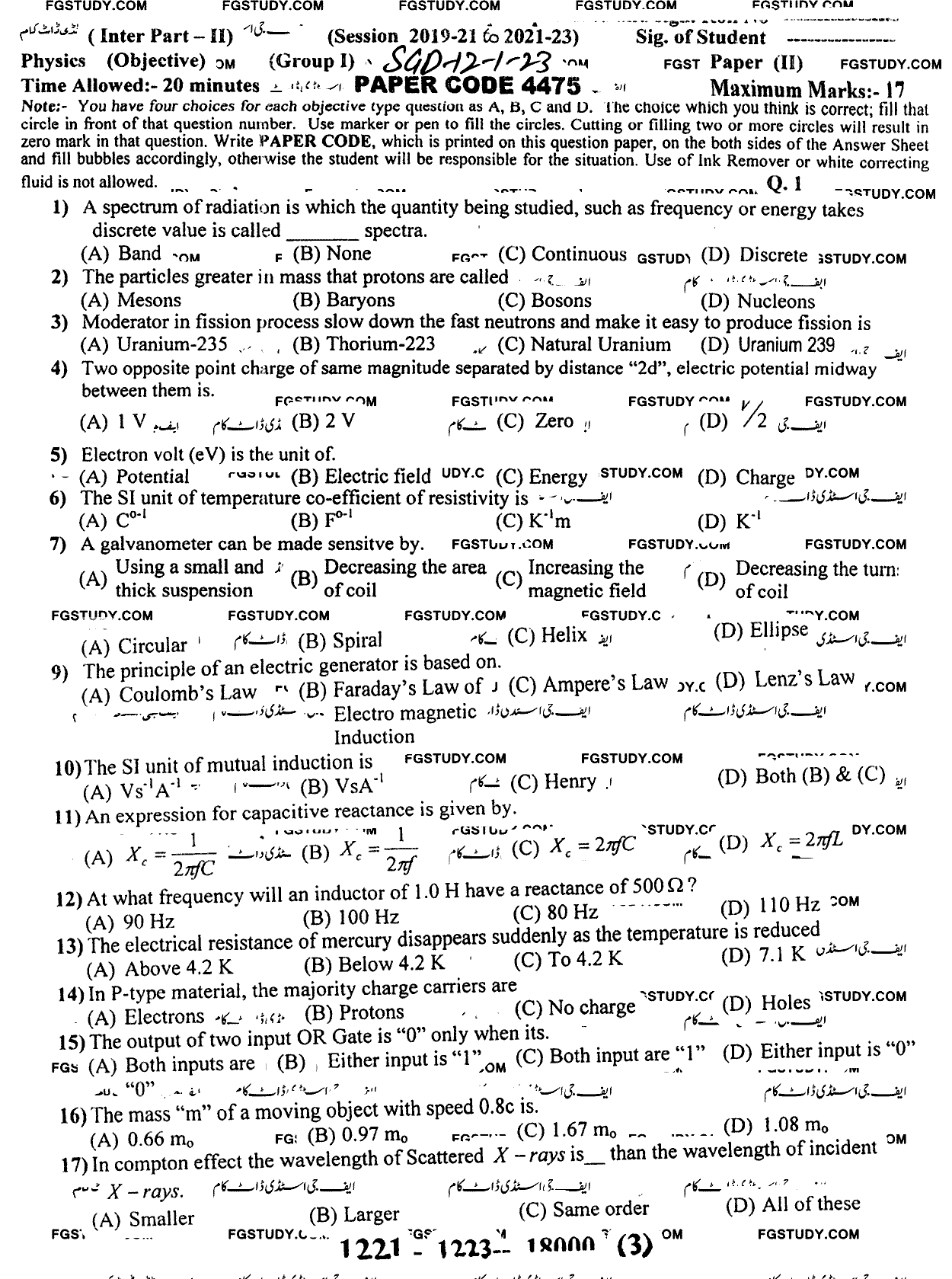12th Class Physics Past Paper 2023 Sargodha Board Group 1 Objective