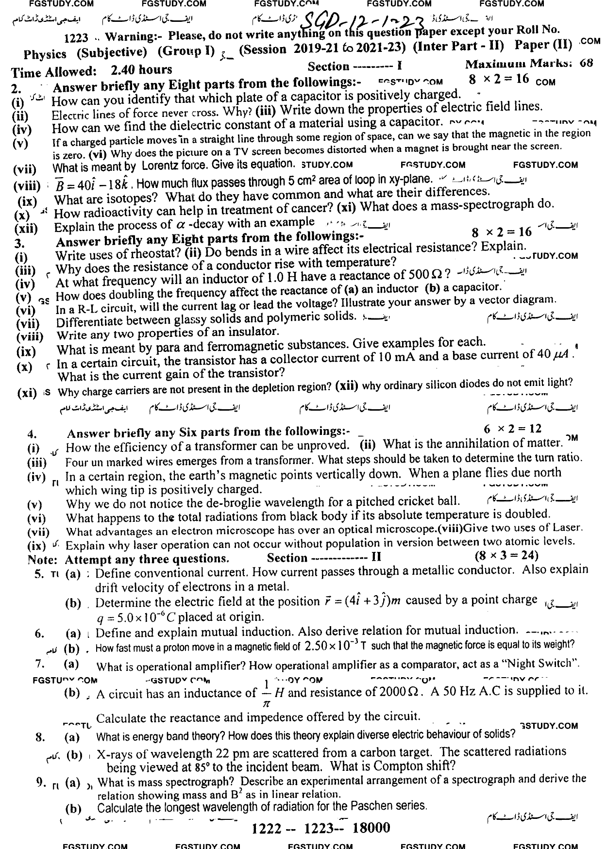 12th Class Physics Past Paper 2023 Sargodha Board Group 1 Subjective