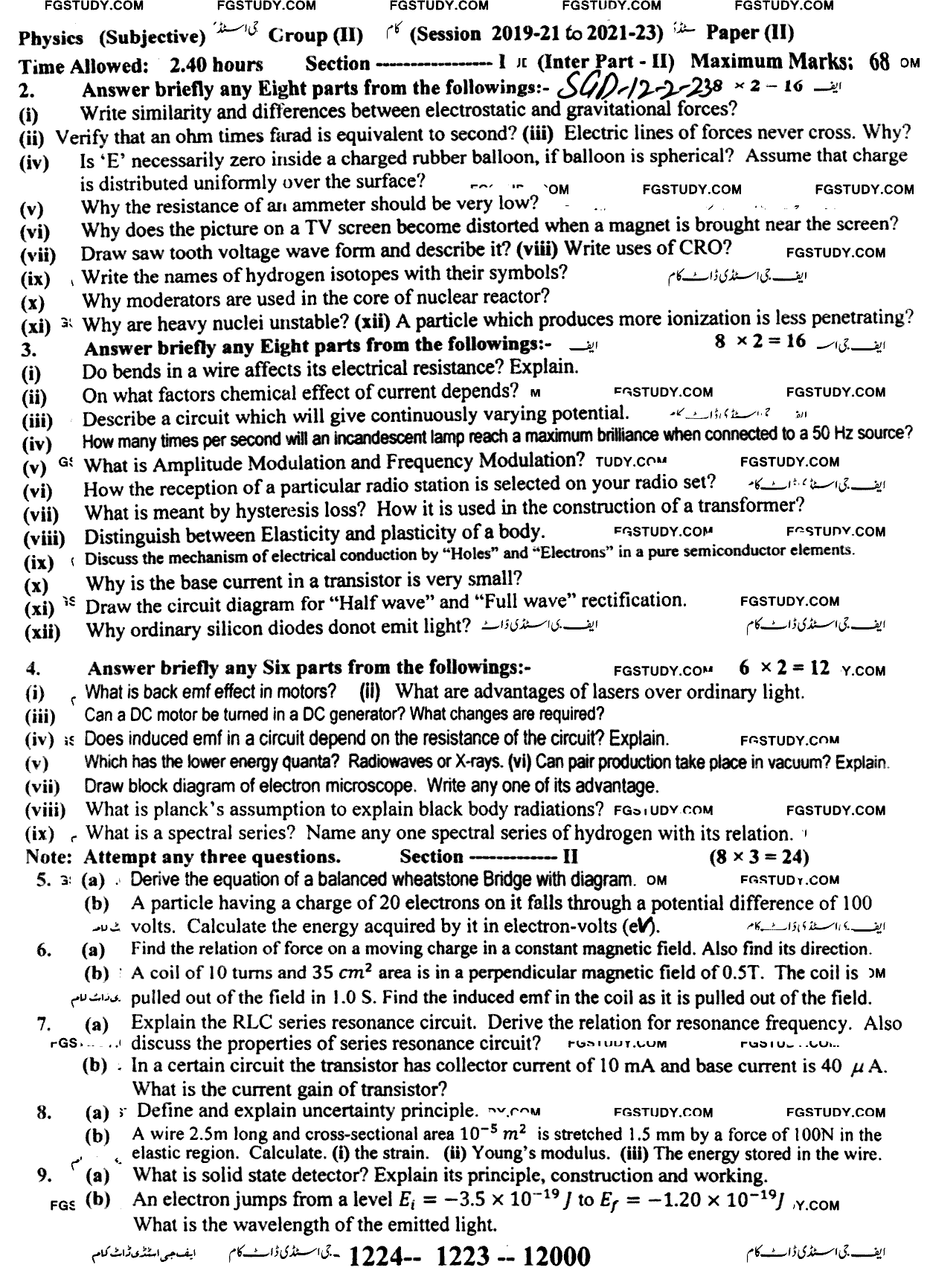 12th Class Physics Past Paper 2023 Sargodha Board Group 2 Subjective