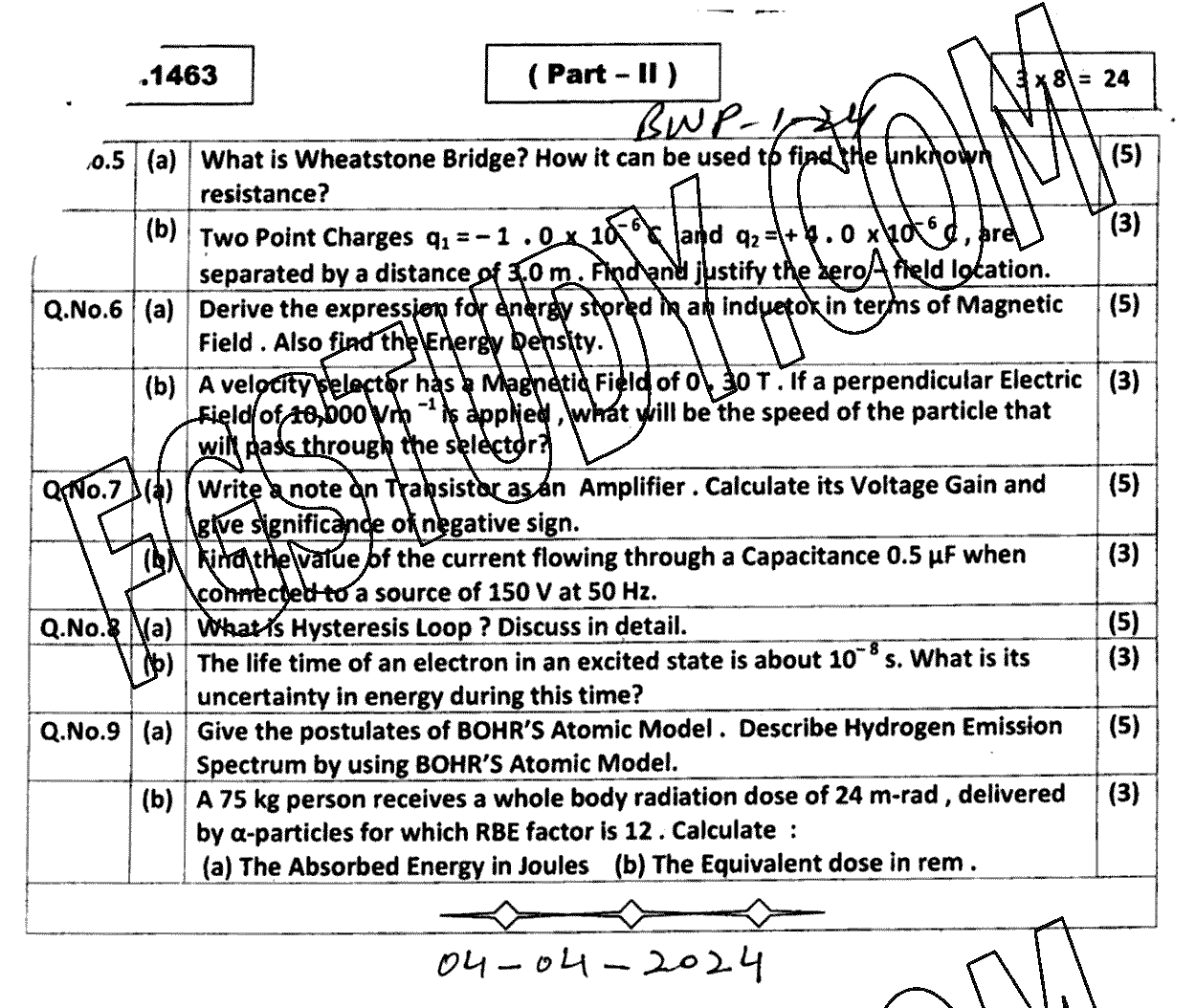 12th Class Physics Past Paper 2024 Bahawalpur Board Group 1 Subjective