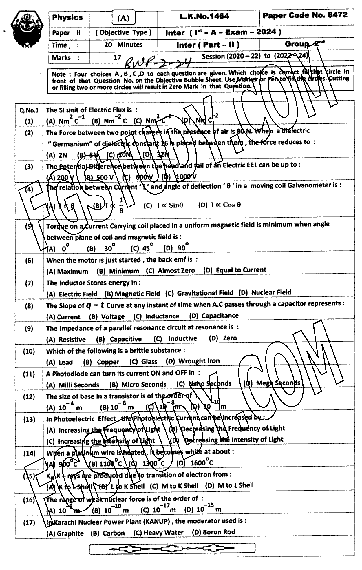 12th Class Physics Past Paper 2024 Bahawalpur Board Group 2 Objective