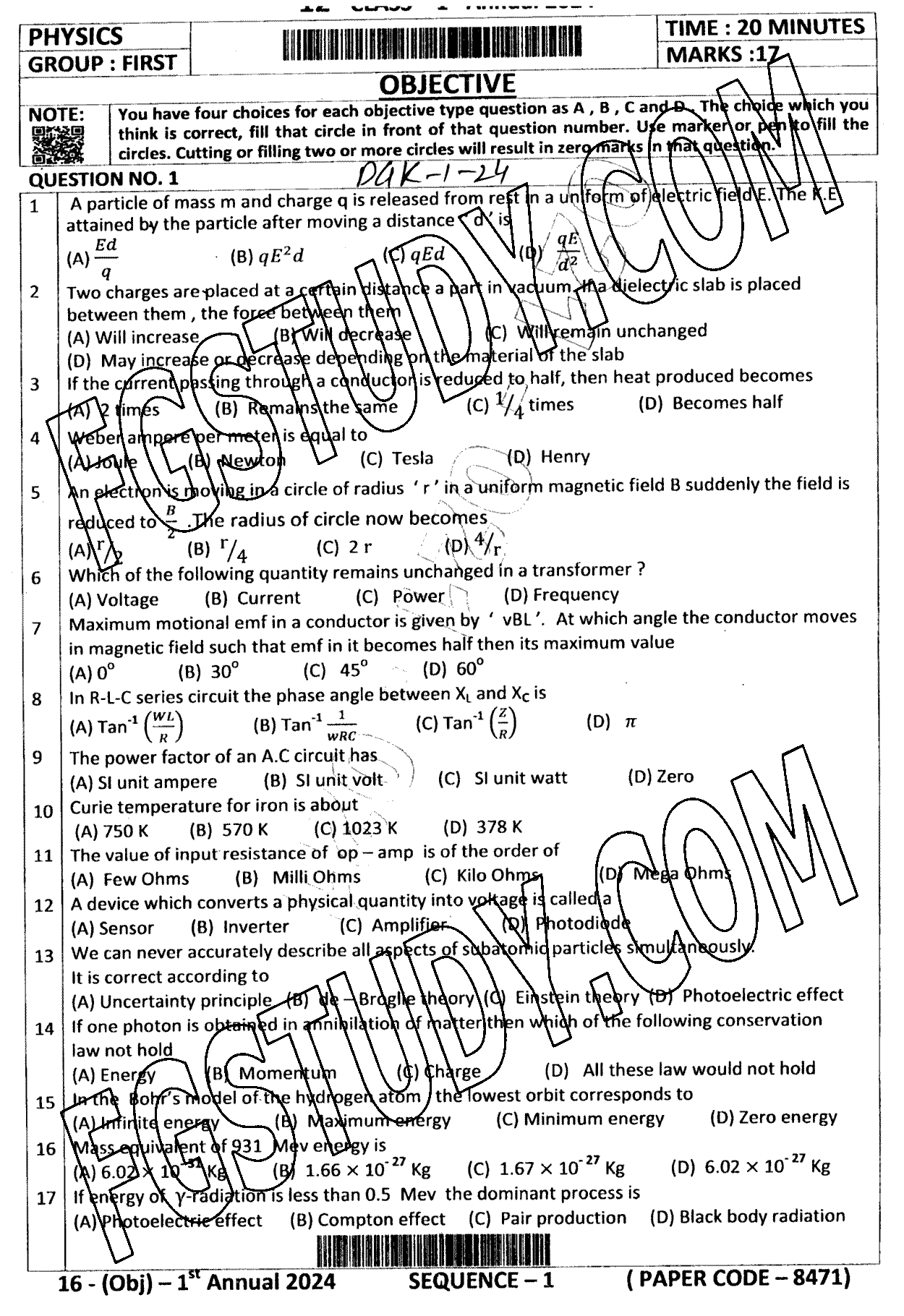 12th Class Physics Past Paper 2024 Dg Khan Board Group 1 Objective