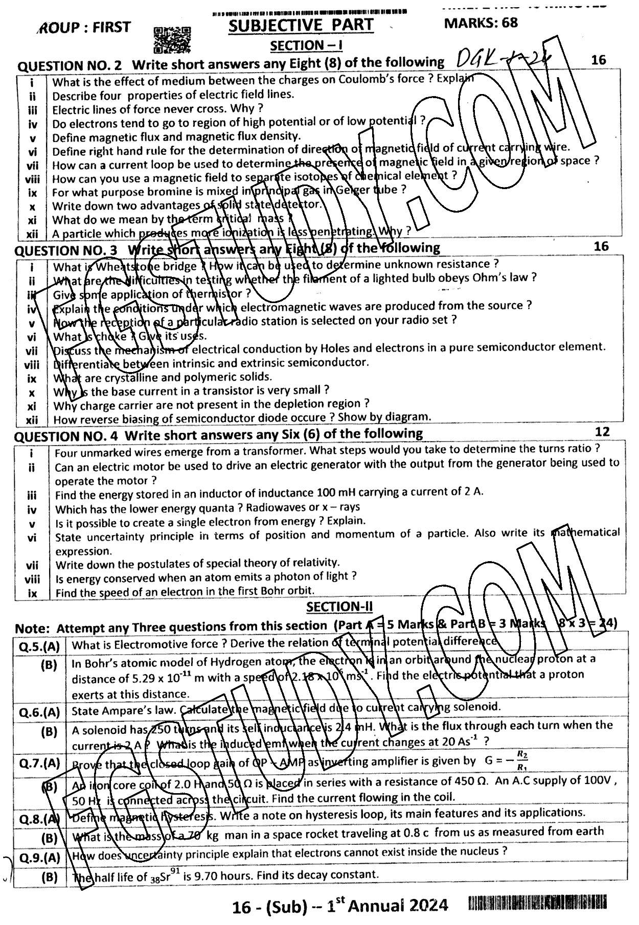 12th Class Physics Past Paper 2024 Dg Khan Board Group 1 Subjective