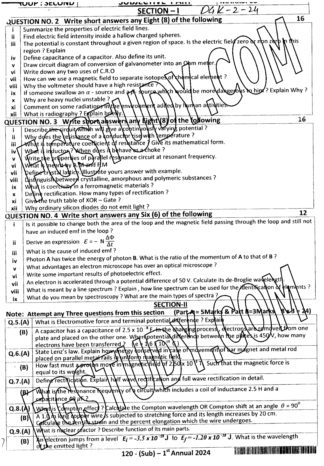 12th Class Physics Past Paper 2024 Dg Khan Board Group 2 Subjective