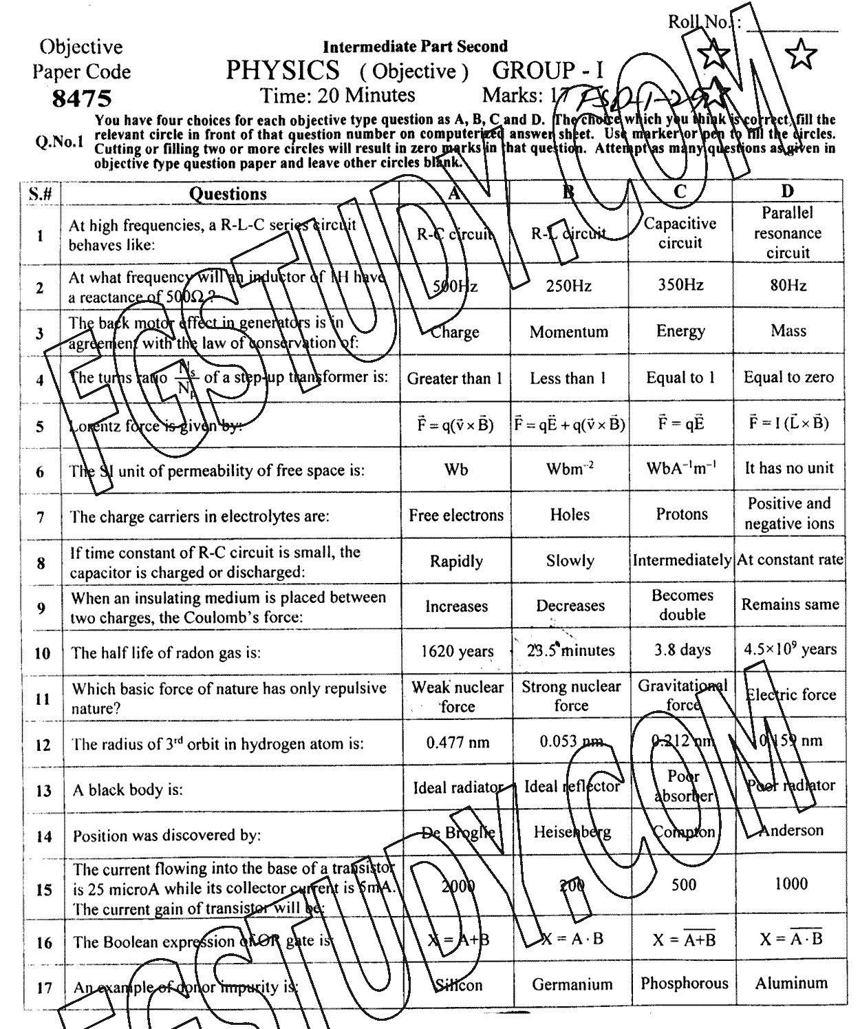 12th Class Physics Past Paper 2024 Faisalabad Board Group 1 Objective