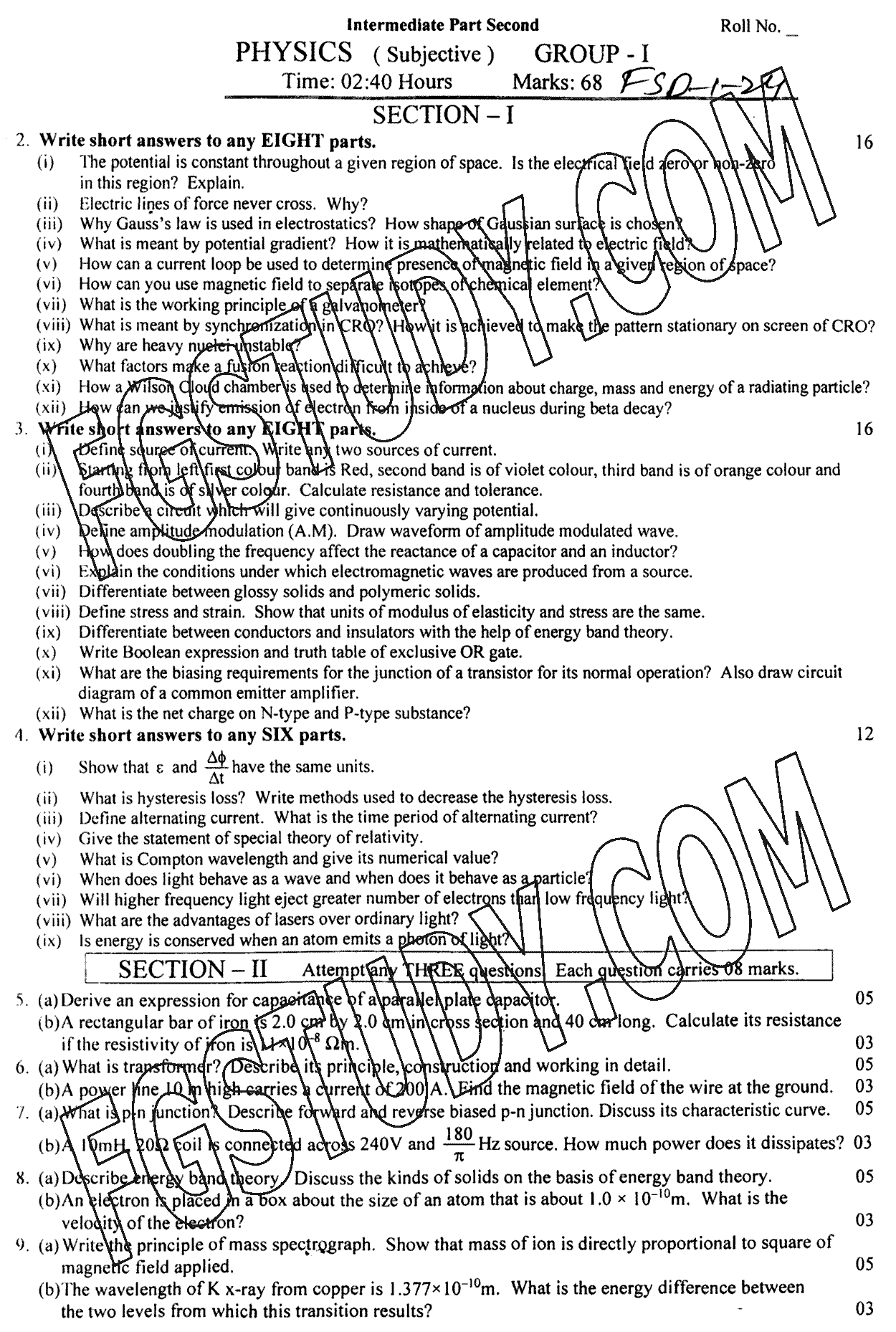 12th Class Physics Past Paper 2024 Faisalabad Board Group 1 Subjective