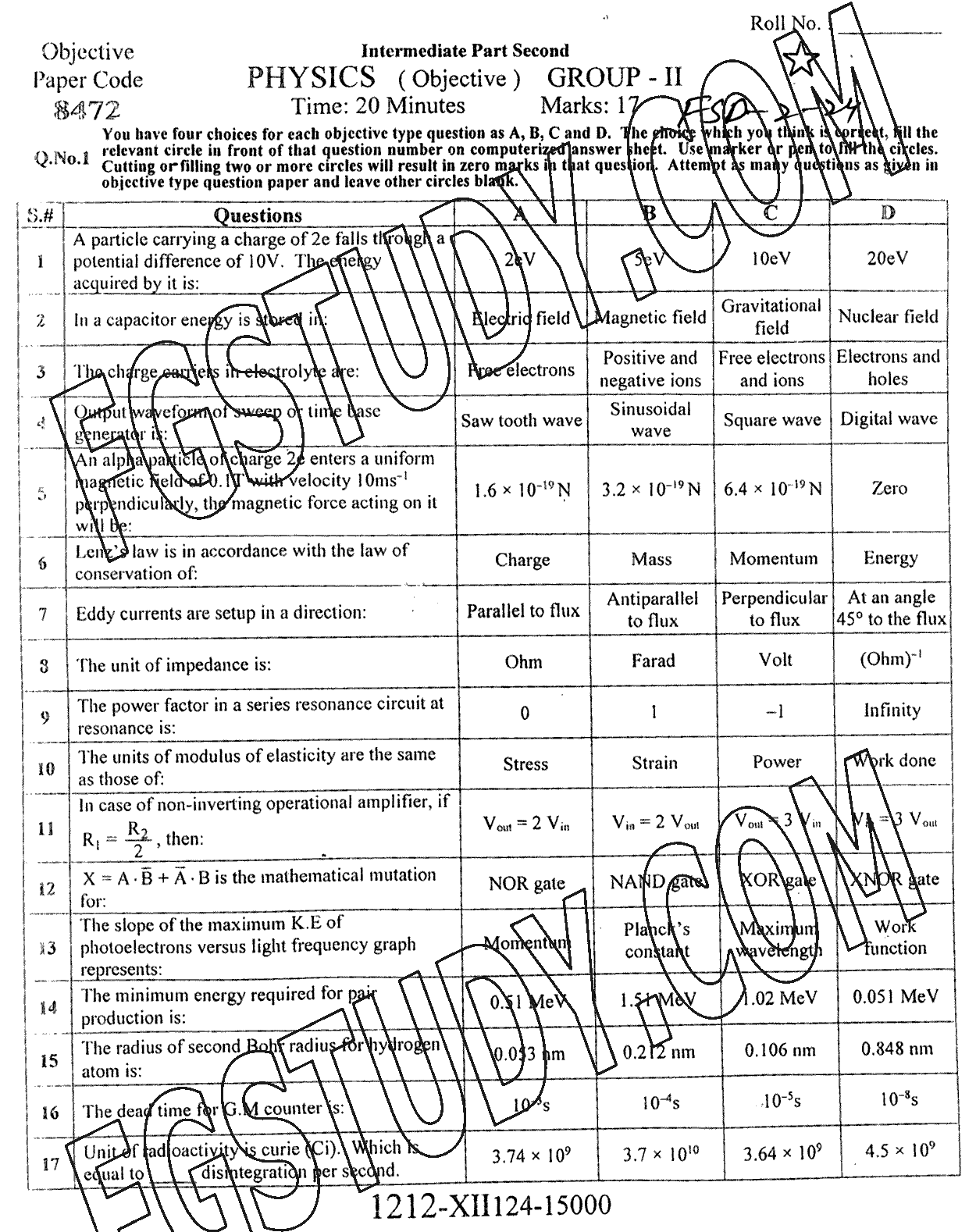 12th Class Physics Past Paper 2024 Faisalabad Board Group 2 Objective
