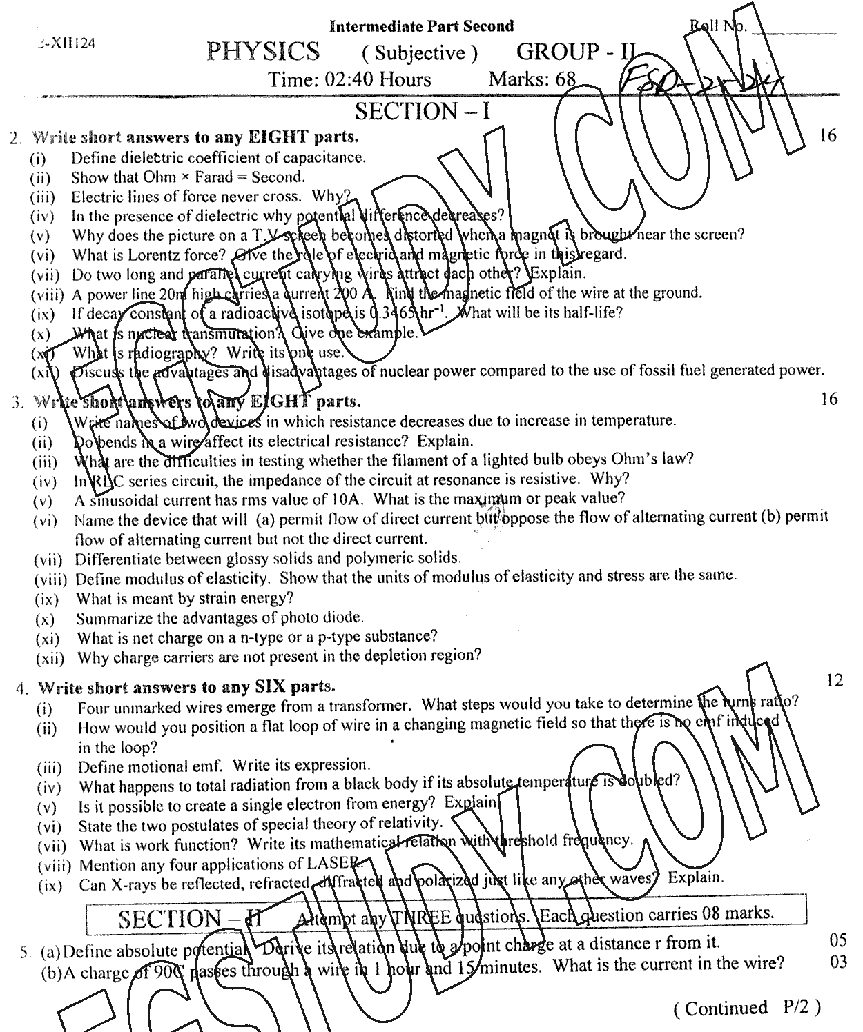 12th Class Physics Past Paper 2024 Faisalabad Board Group 2 Subjective