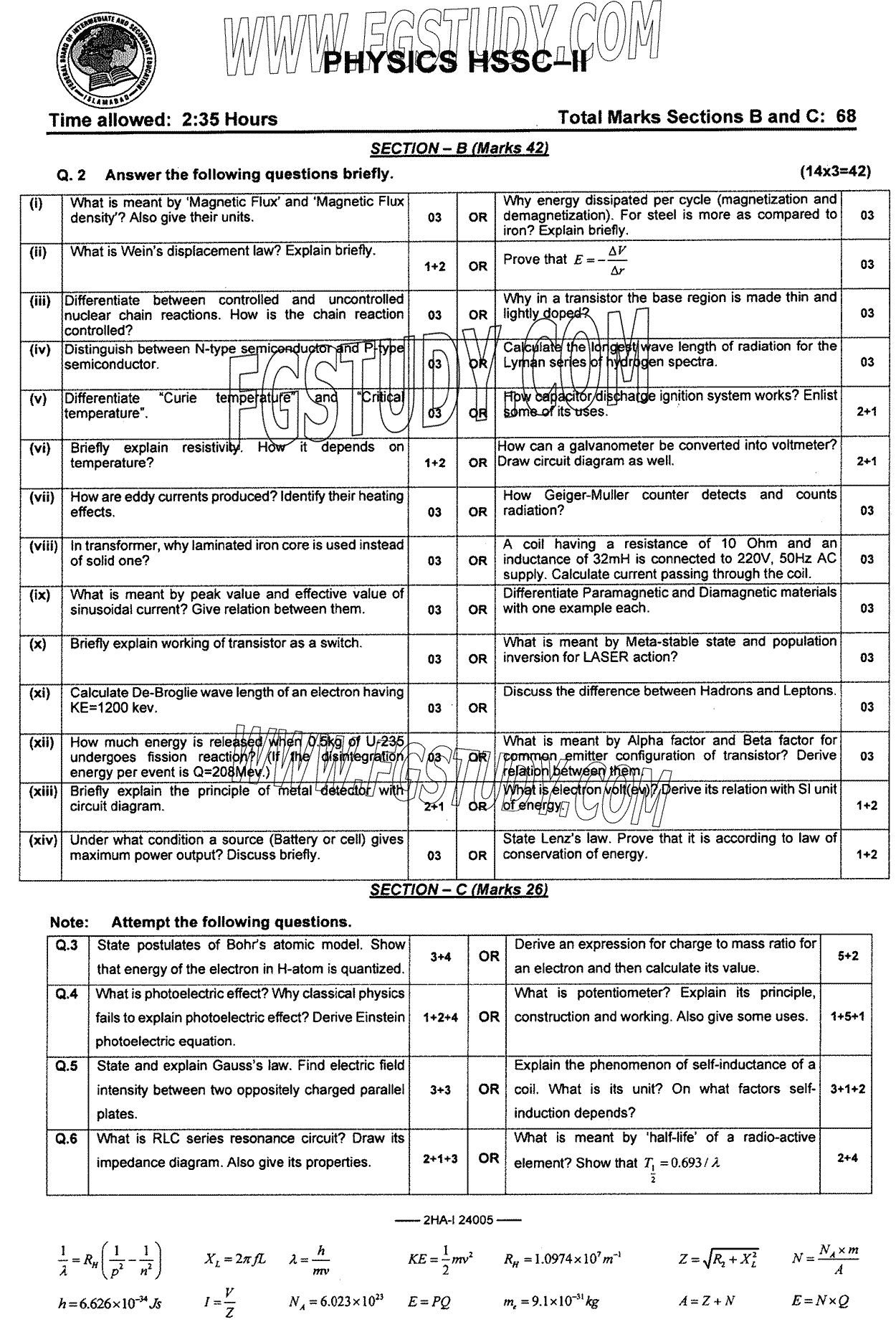 12th Class Physics Past Paper 2024 Federal Board Islamabad Group 1 Subjective