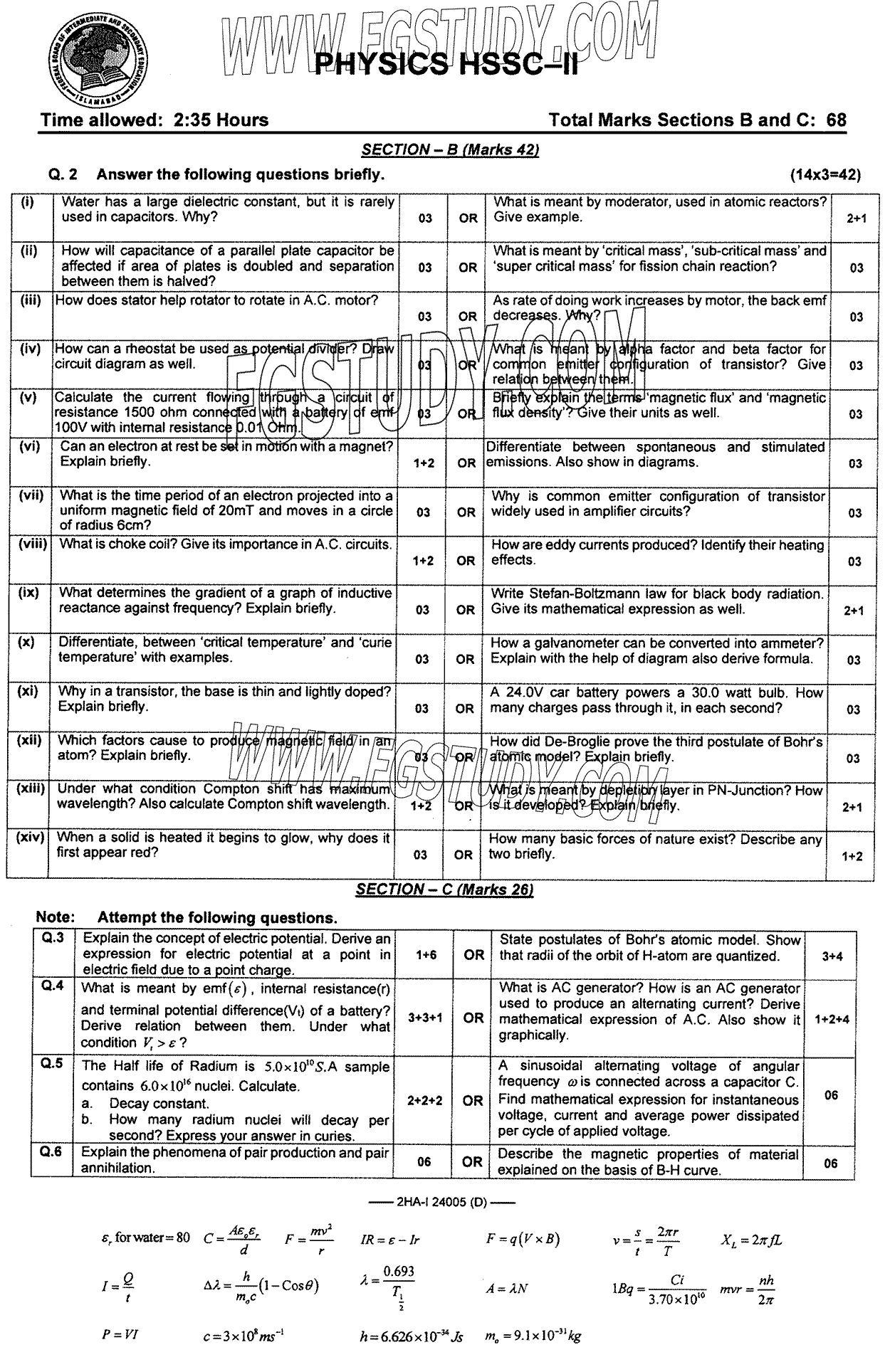 12th Class Physics Past Paper 2024 Federal Board Islamabad Group 2 Subjective