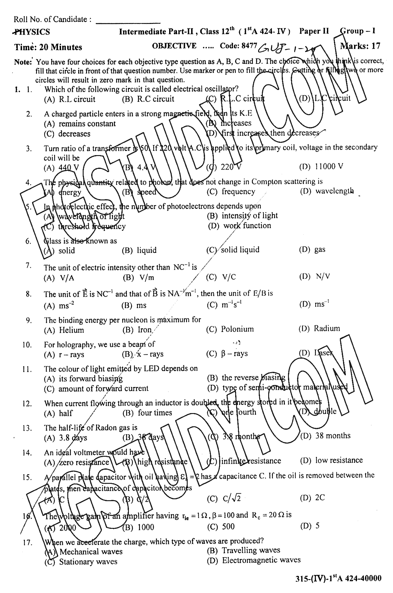 12th Class Physics Past Paper 2024 Gujranwala Board Group 1 Objective