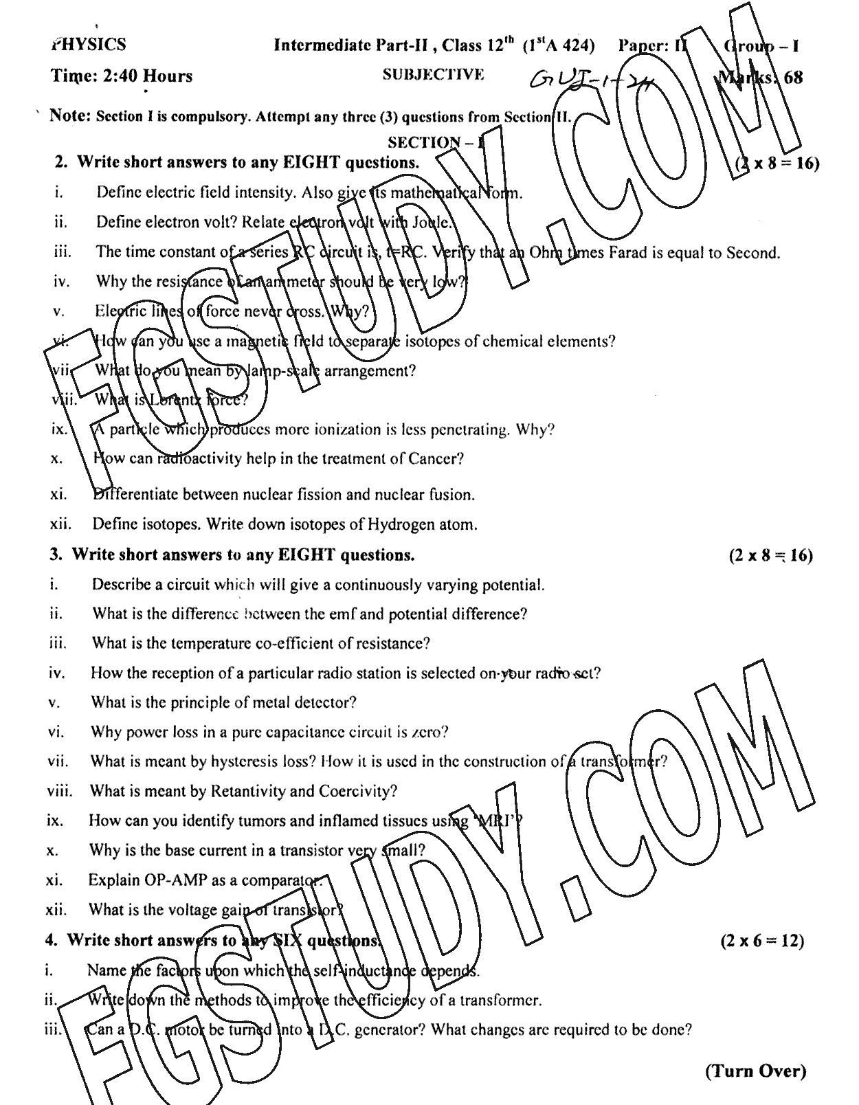 12th Class Physics Past Paper 2024 Gujranwala Board Group 1 Subjective