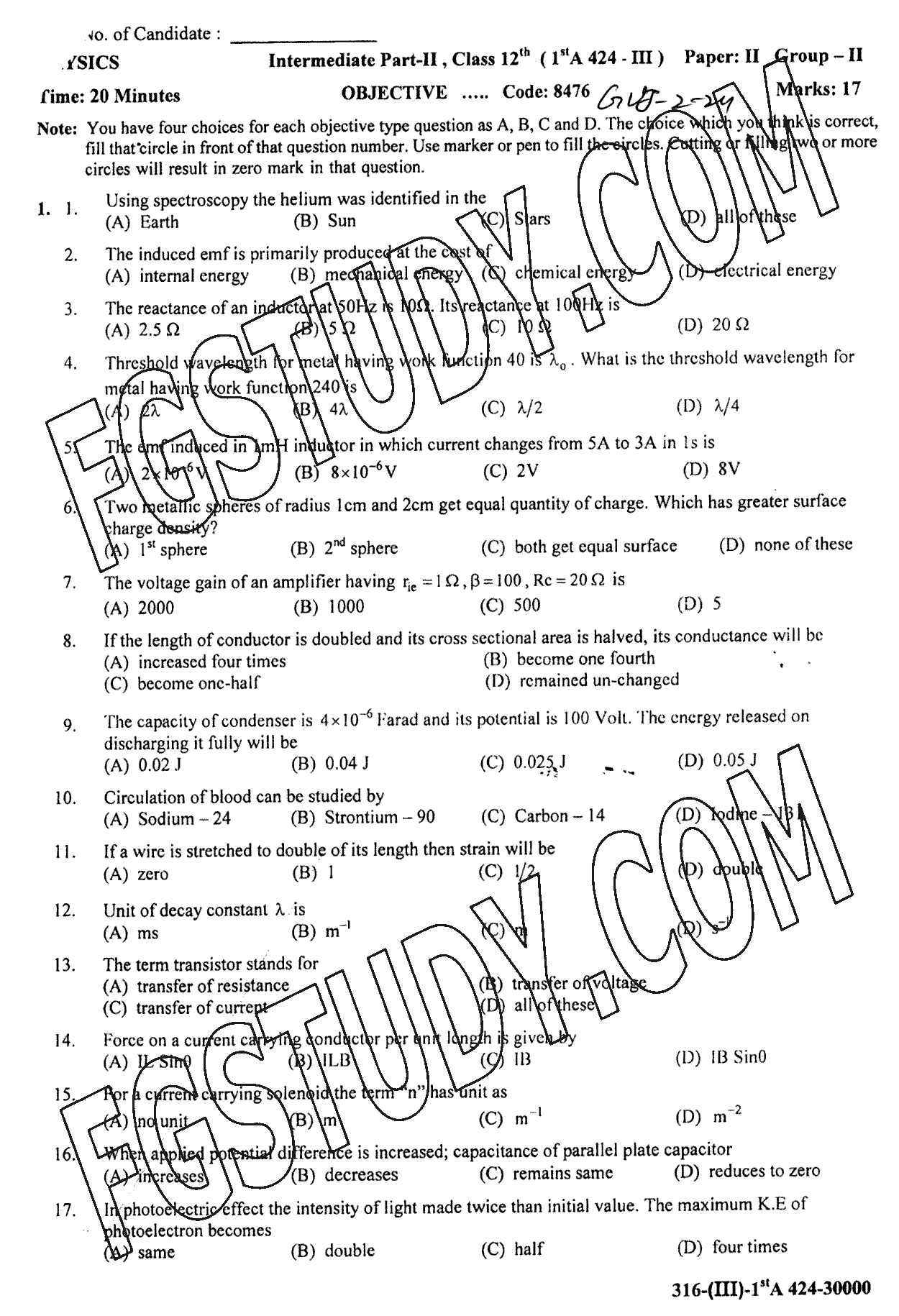 12th Class Physics Past Paper 2024 Gujranwala Board Group 2 Objective