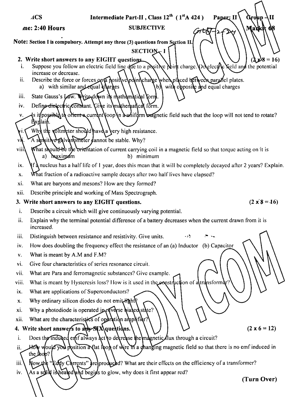 12th Class Physics Past Paper 2024 Gujranwala Board Group 2 Subjective