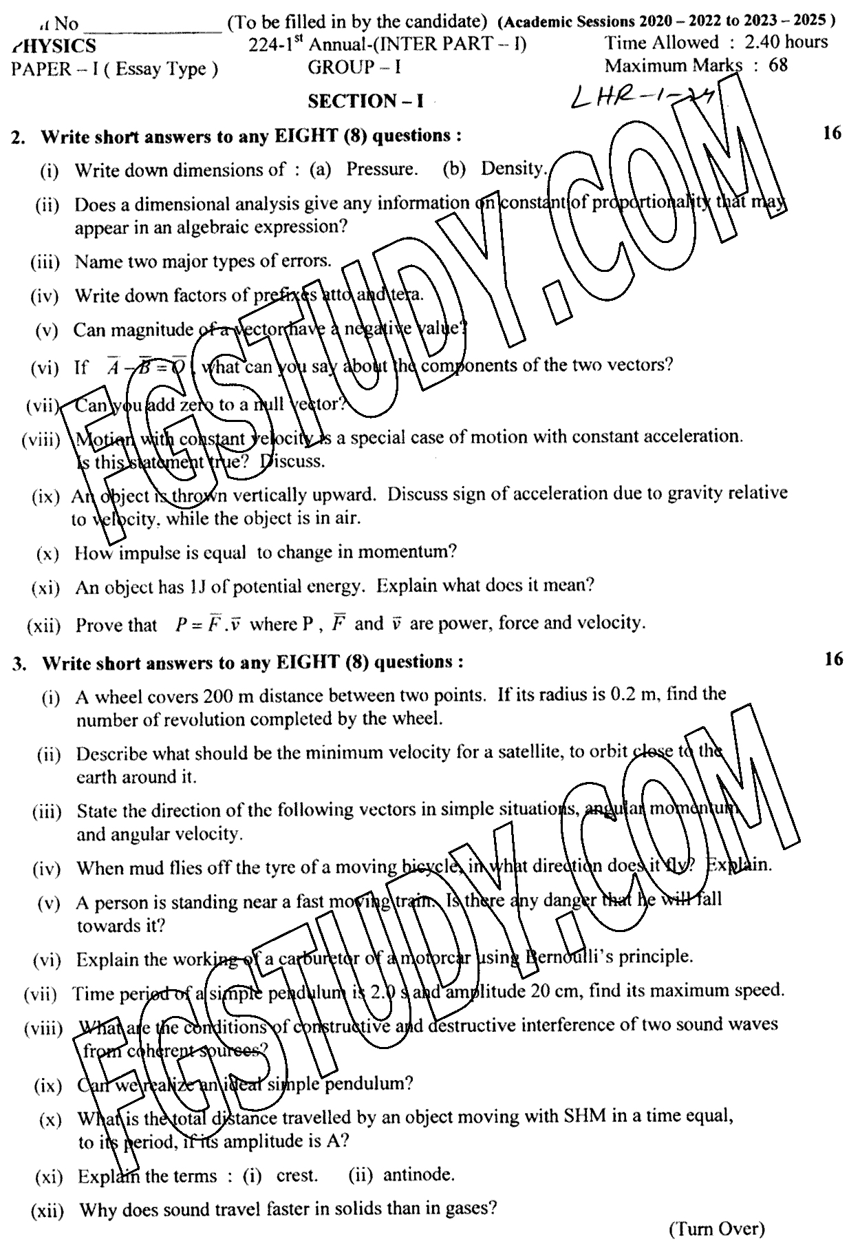 12th Class Physics Past Paper 2024 Lahore Board Group 1 Subjective