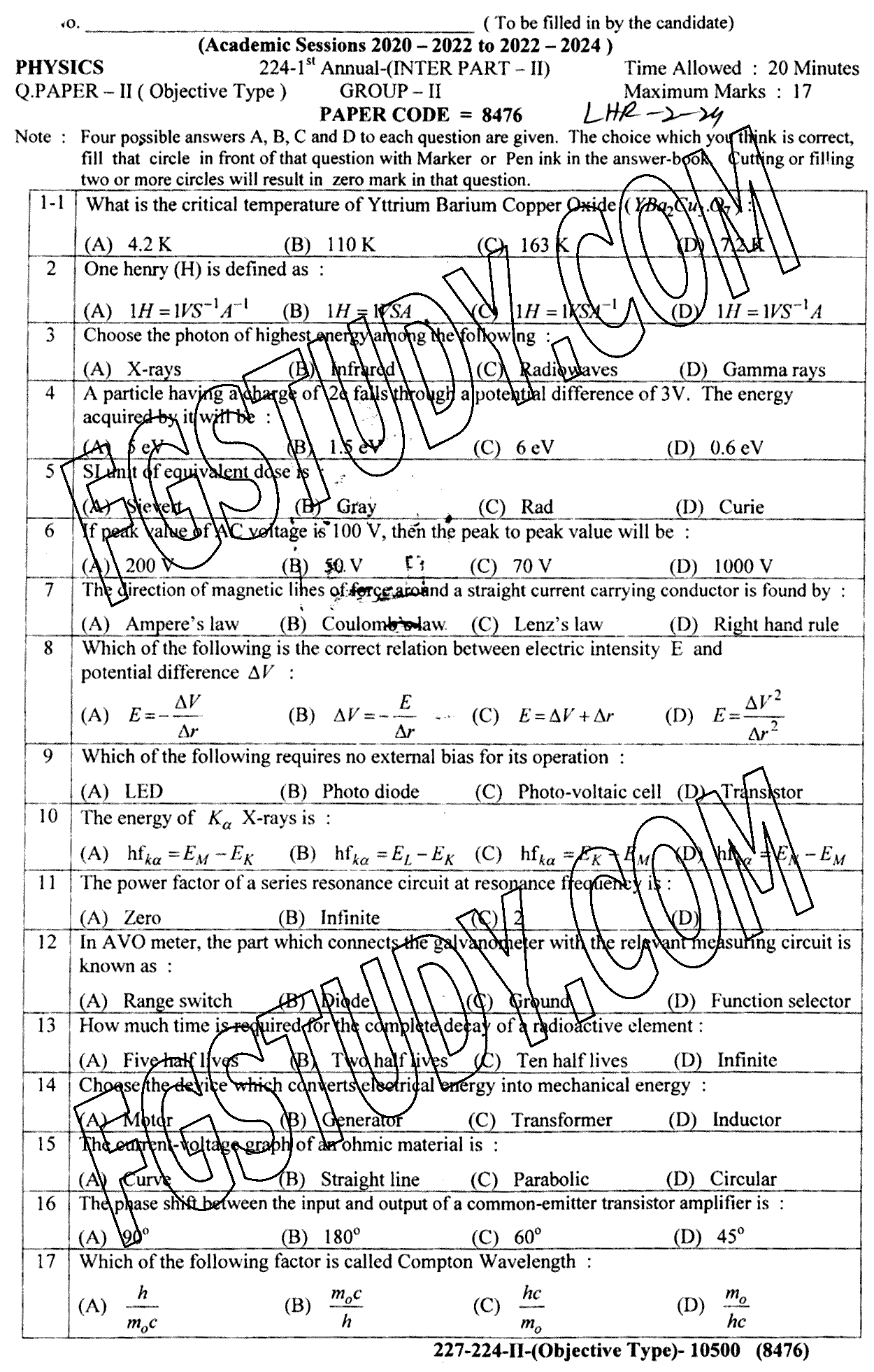 12th Class Physics Past Paper 2024 Lahore Board Group 2 Objective