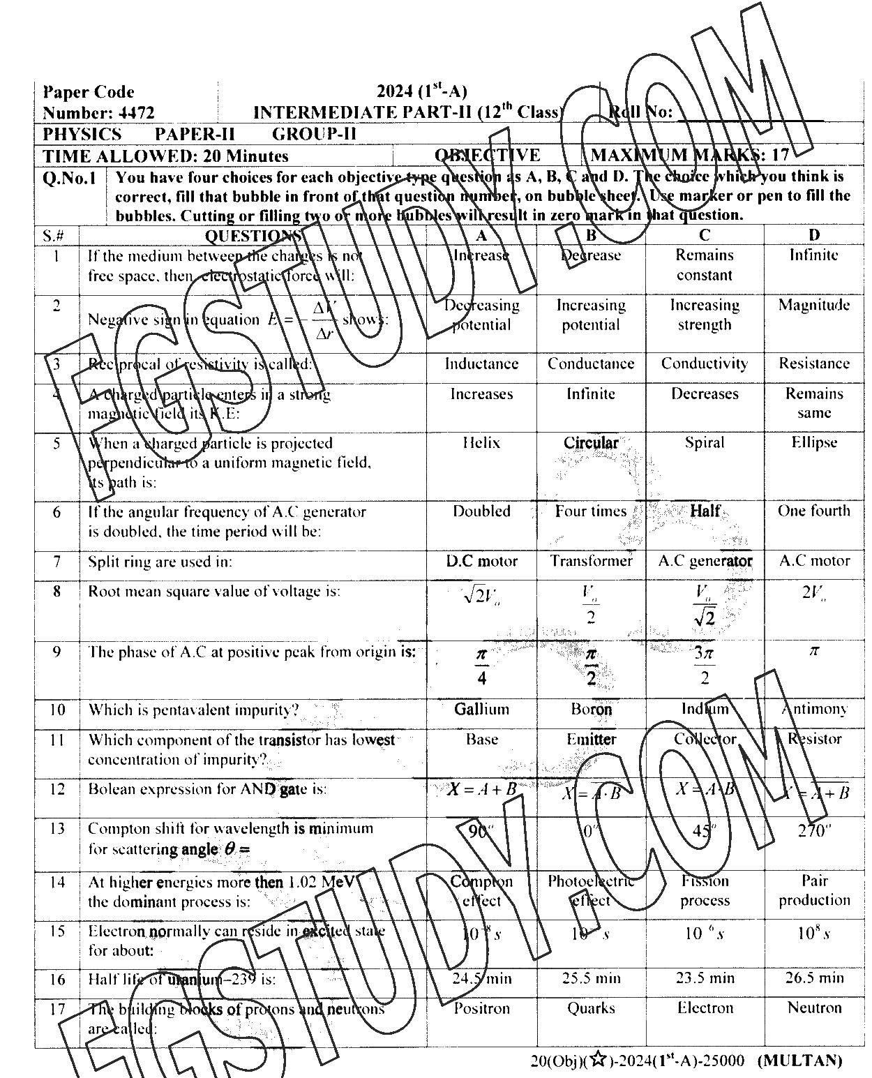 12th Class Physics Past Paper 2024 Multan Board Group 2 Objective