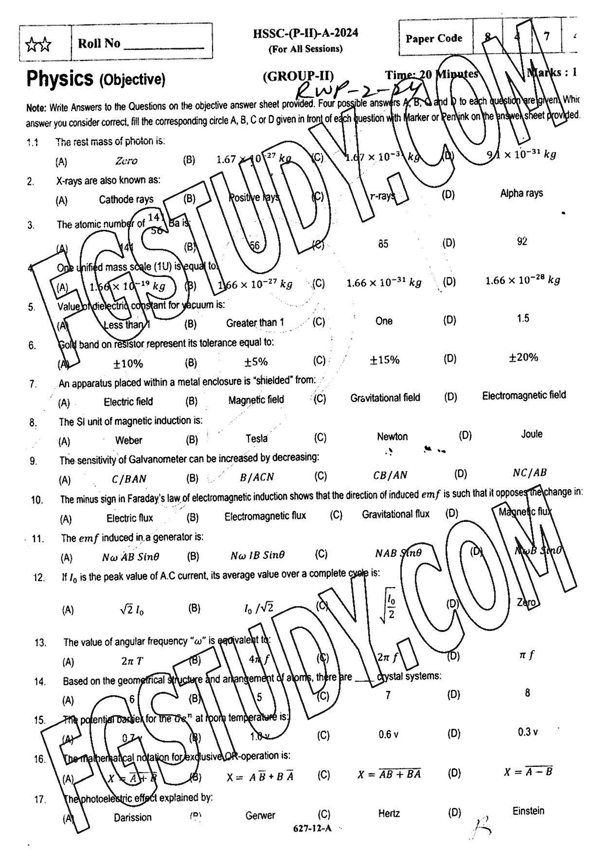 12th Class Physics Past Paper 2024 Rawalpindi Board Group 2 Objective