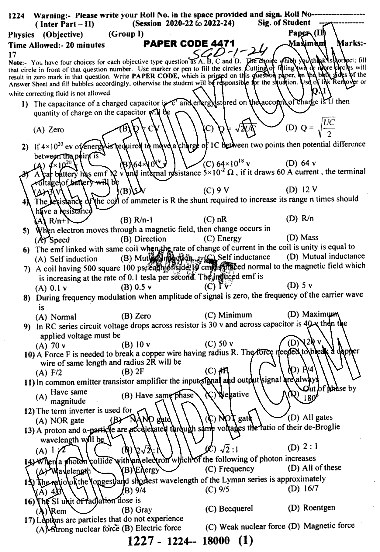 12th Class Physics Past Paper 2024 Sargodha Board Group 1 Objective