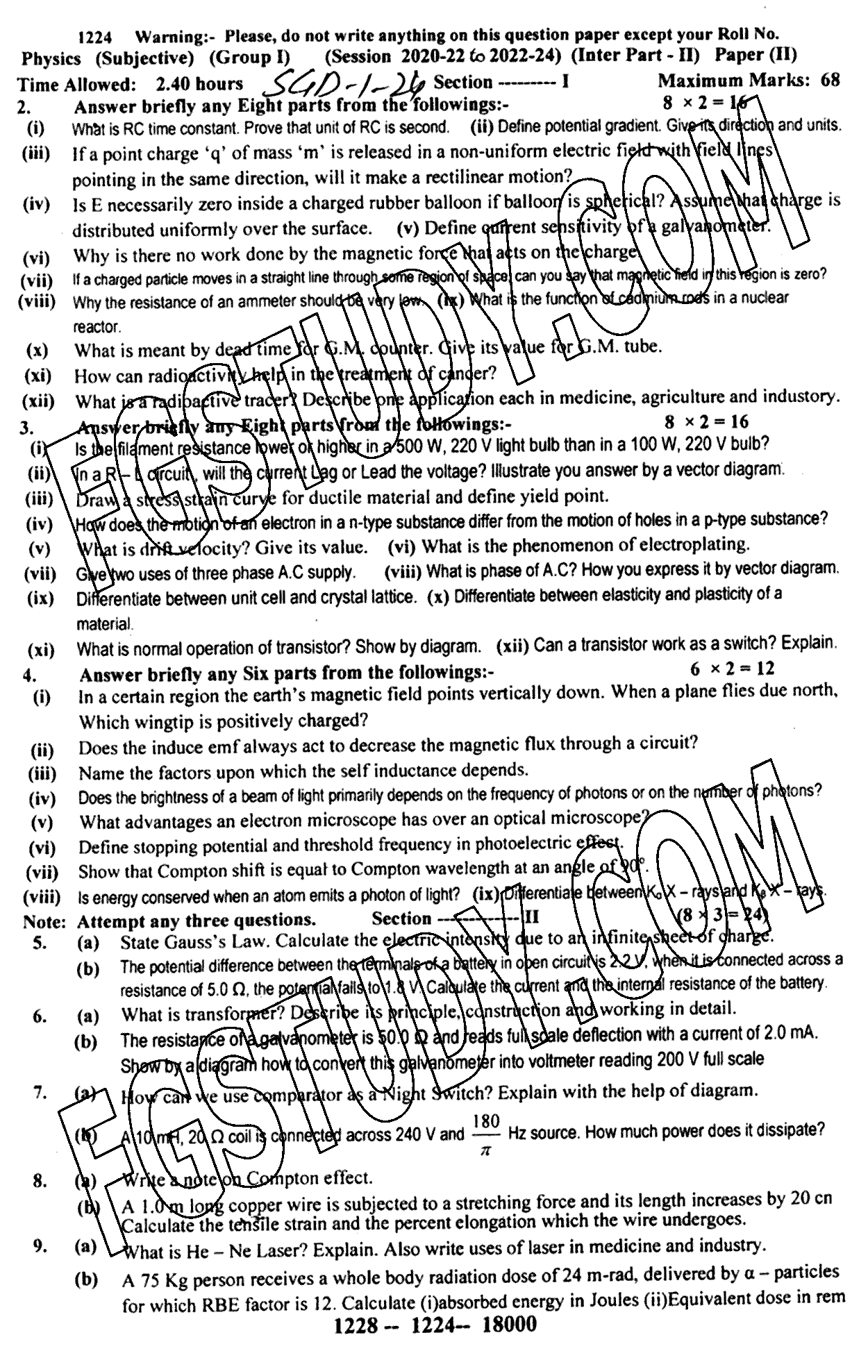 12th Class Physics Past Paper 2024 Sargodha Board Group 1 Subjective