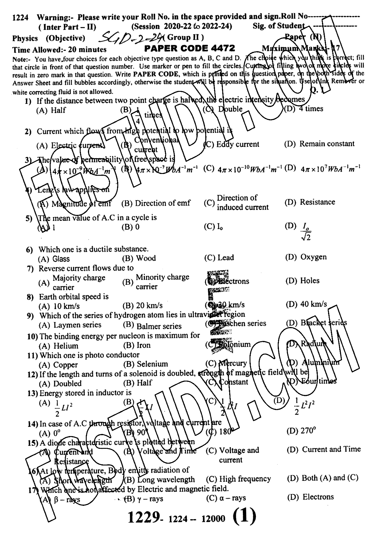 12th Class Physics Past Paper 2024 Sargodha Board Group 2 Objective
