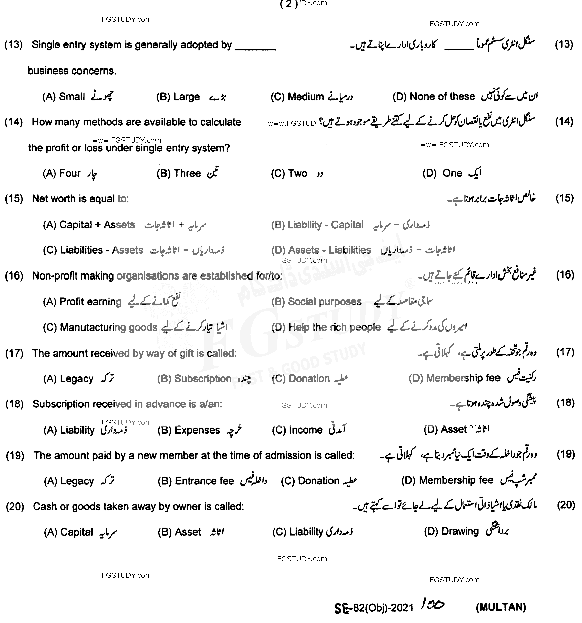 12th Class Principles Of Accounting Past Paper 2021 Multan Board Objective