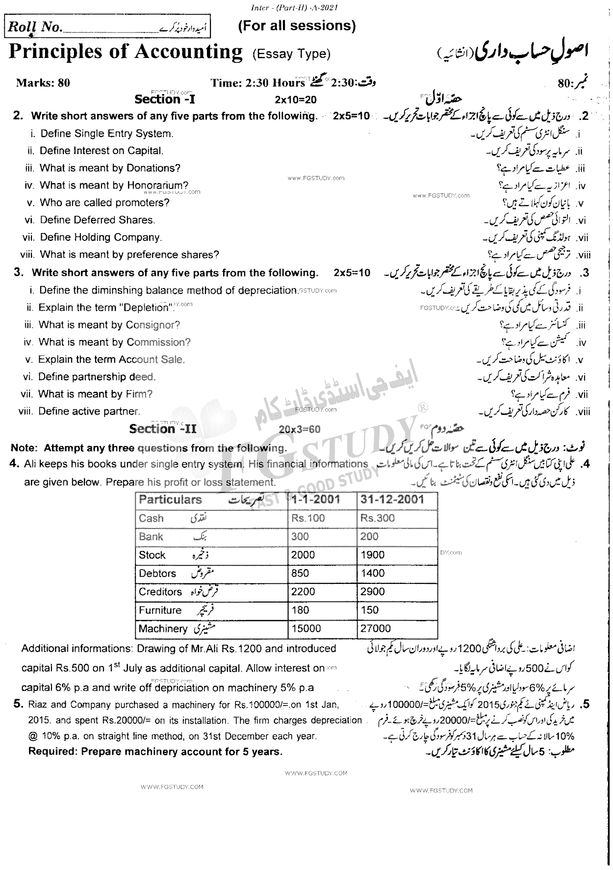 12th Class Principles Of Accounting Past Paper 2021 Rawalpindi Board Subjective