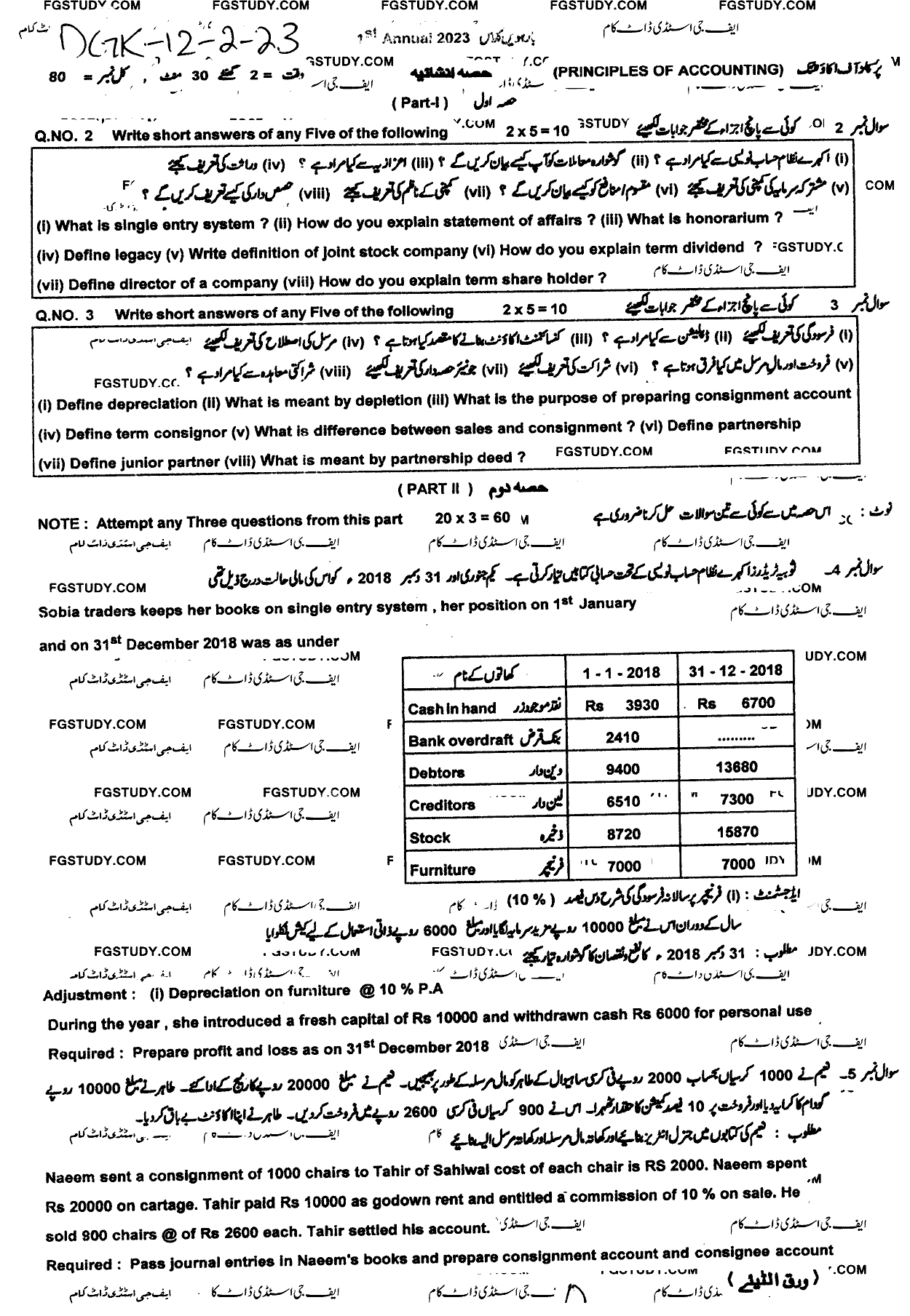 12th Class Principles Of Accounting Past Paper 2023 Dg Khan Board Subjective
