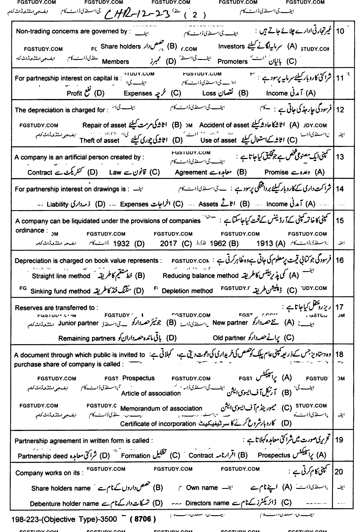 12th Class Principles Of Accounting Past Paper 2023 Lahore Board Objective