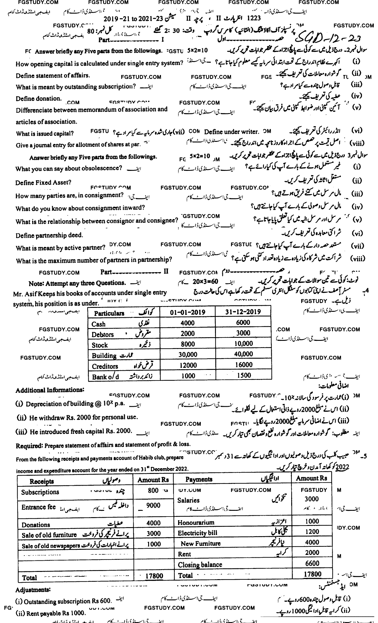 12th Class Principles Of Accounting Past Paper 2023 Sargodha Board Subjective