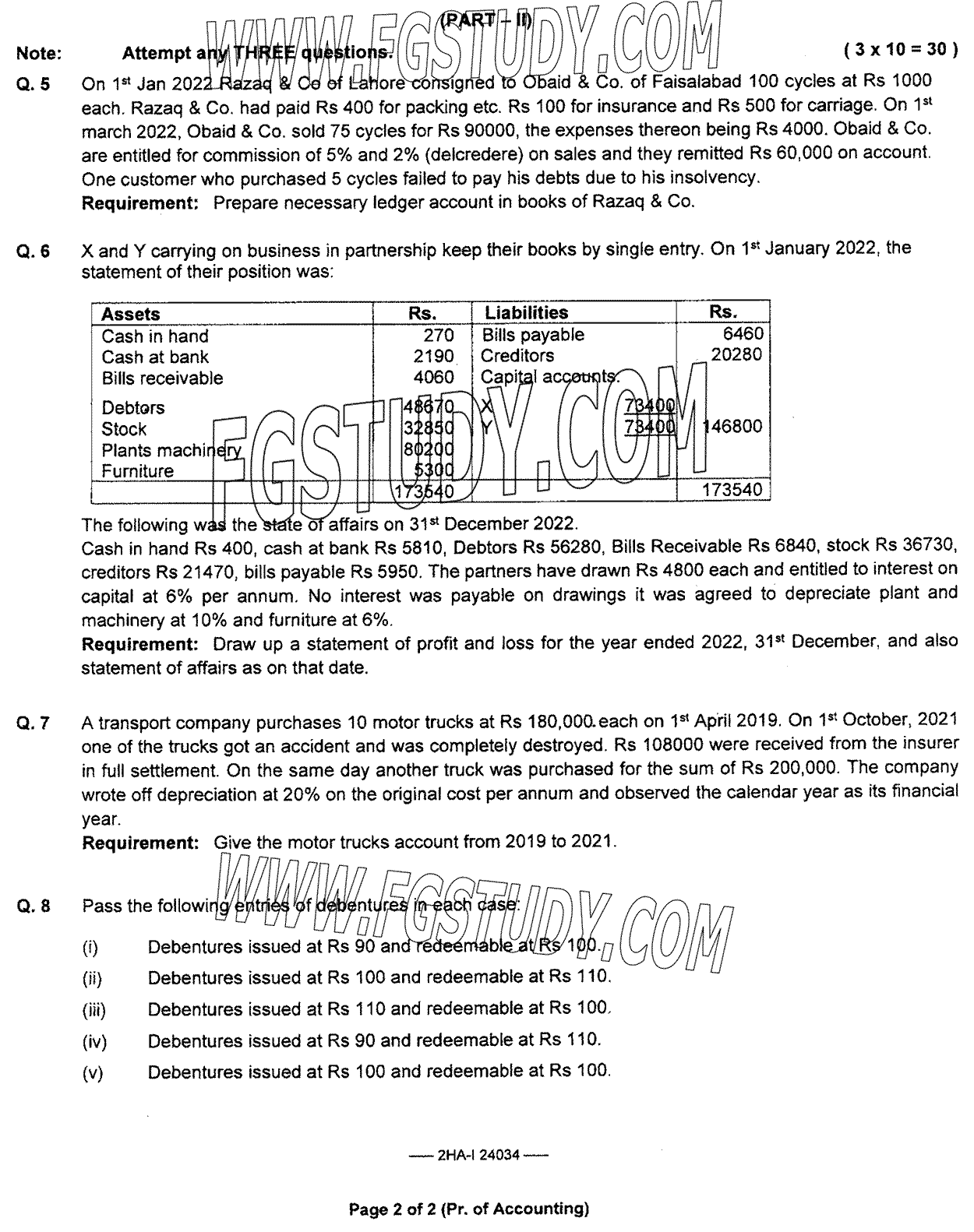 12th Class Principles Of Accounting Past Paper 2024 Federal Board Islamabad Subjective