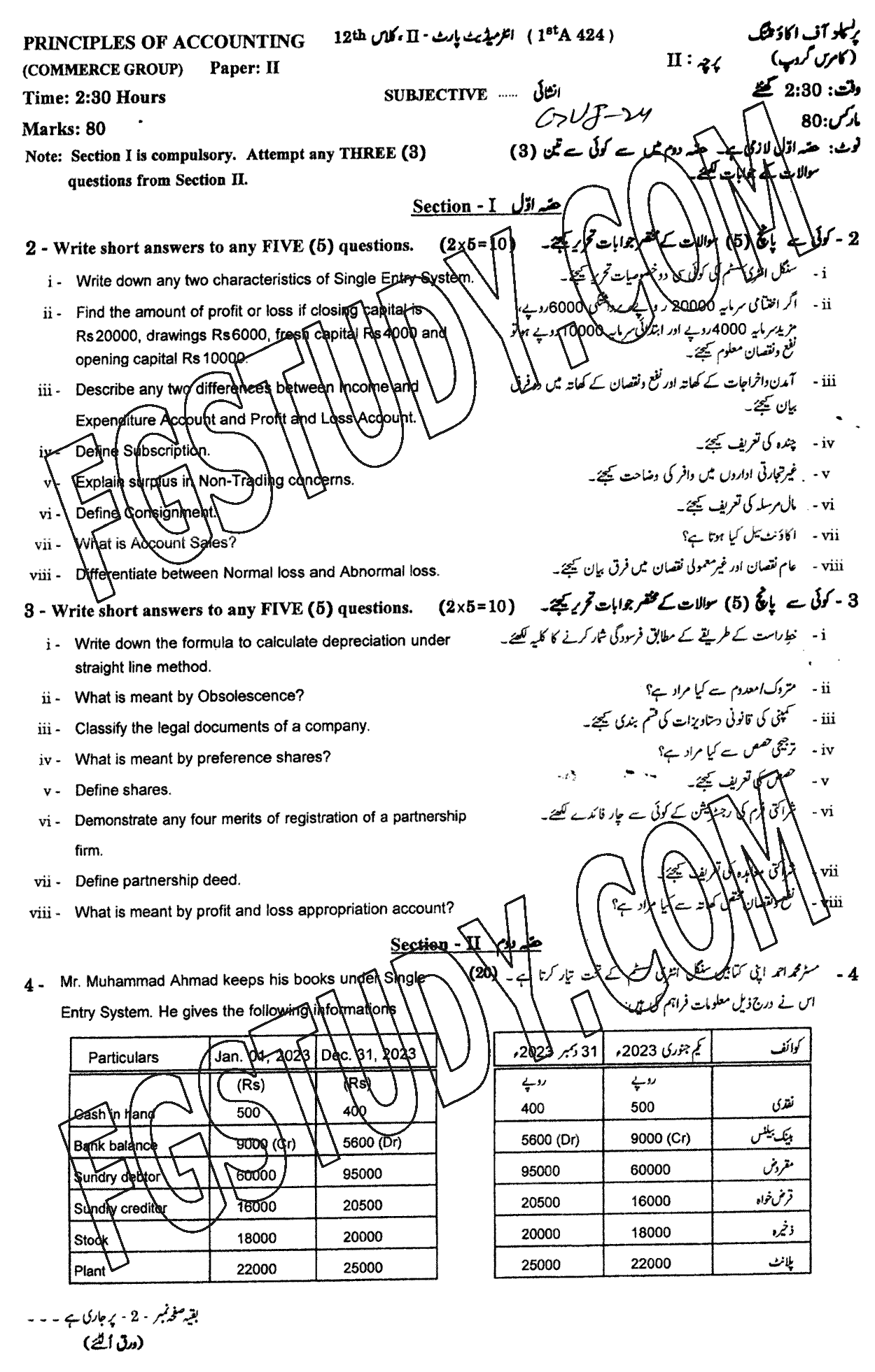 12th Class Principles Of Accounting Past Paper 2024 Gujranwala Board Subjective