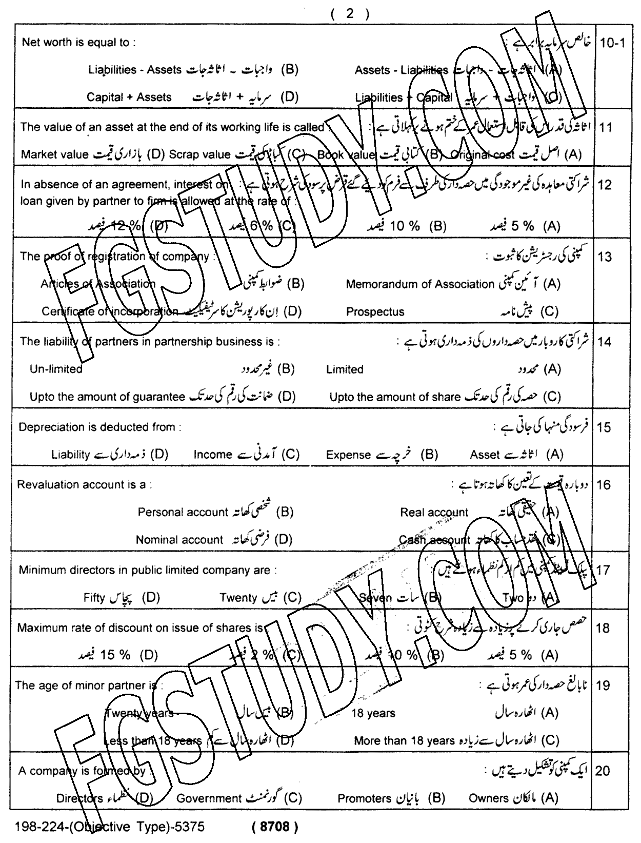 12th Class Principles Of Accounting Past Paper 2024 Lahore Board Objective