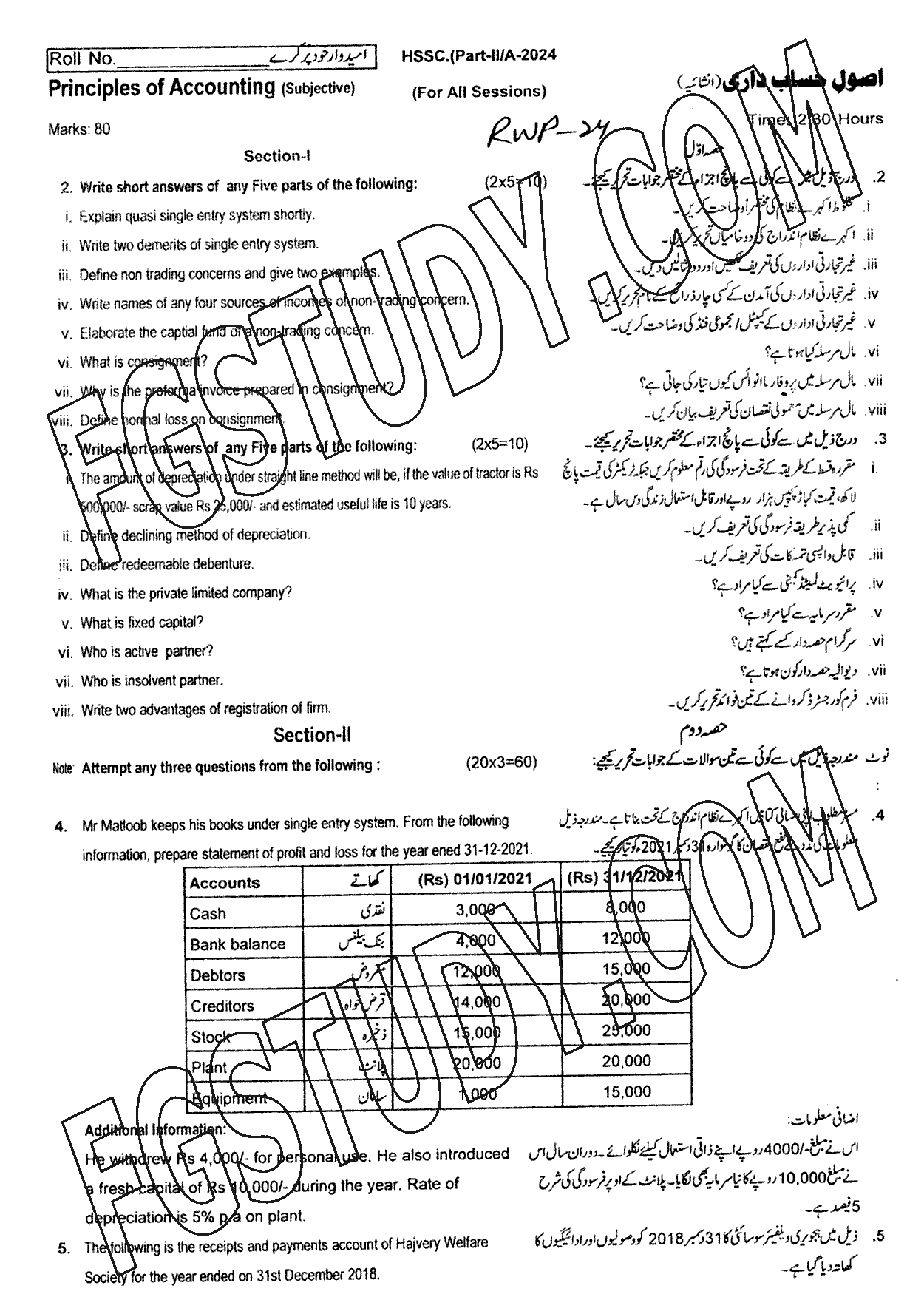 12th Class Principles Of Accounting Past Paper 2024 Rawalpindi Board Subjective