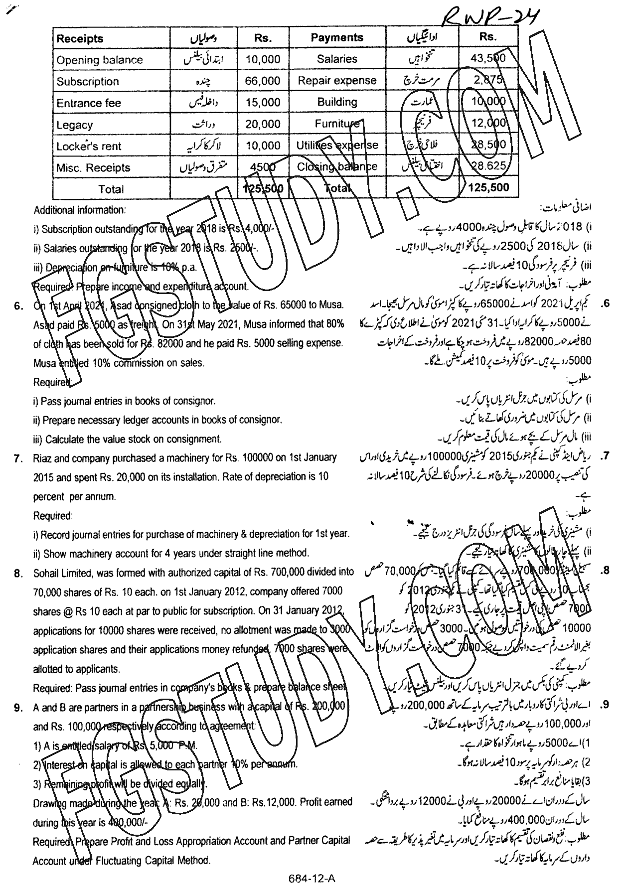 12th Class Principles Of Accounting Past Paper 2024 Rawalpindi Board Subjective