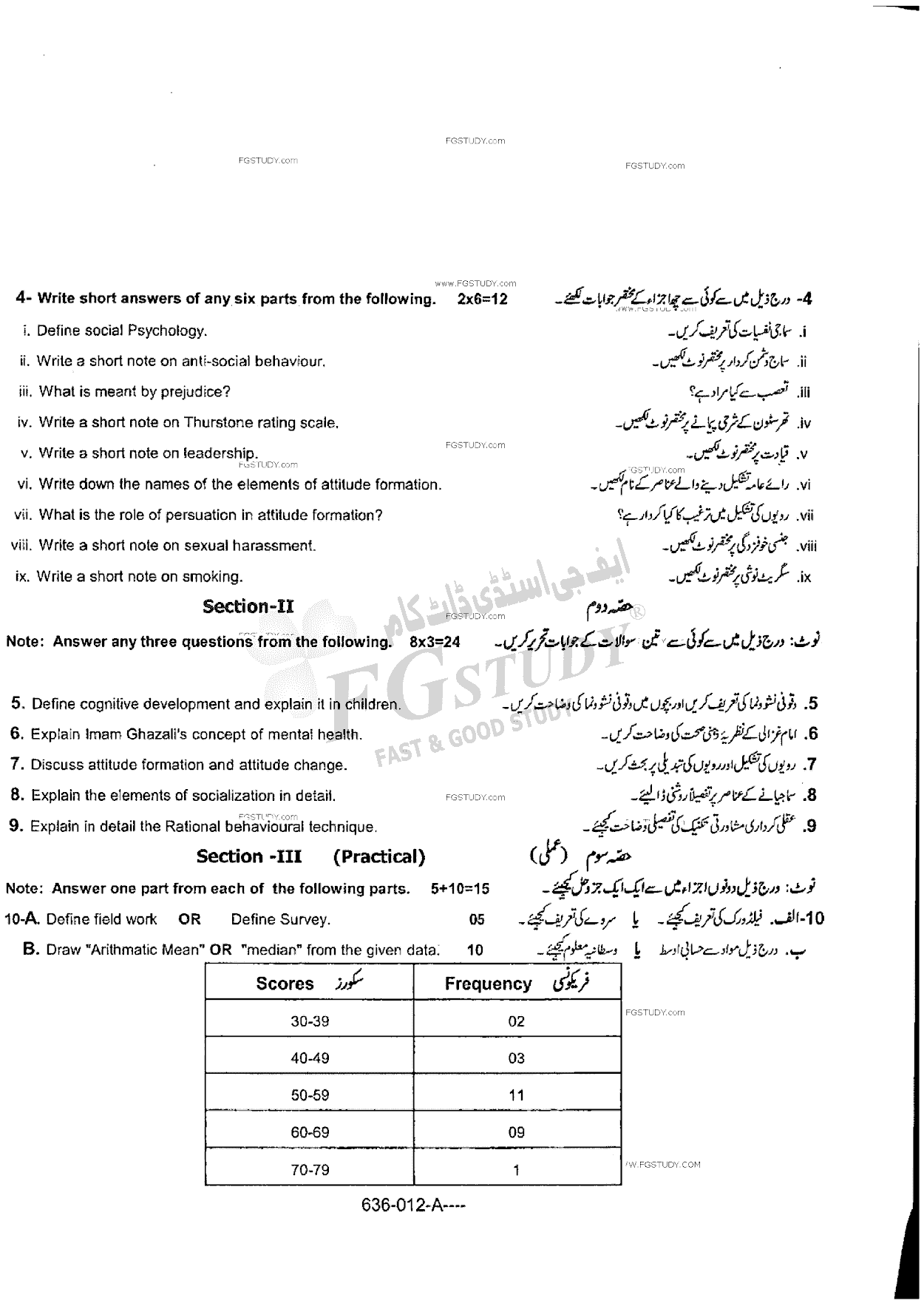 12th Class Psychology Past Paper 2016 Rawalpindi Board Subjective