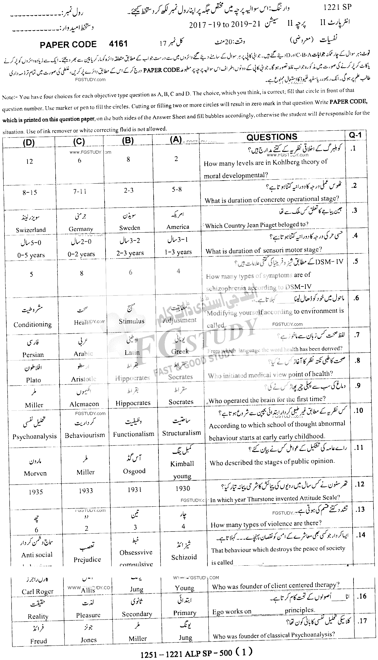 12th Class Psychology Past Paper 2021 Sargodha Board Objective