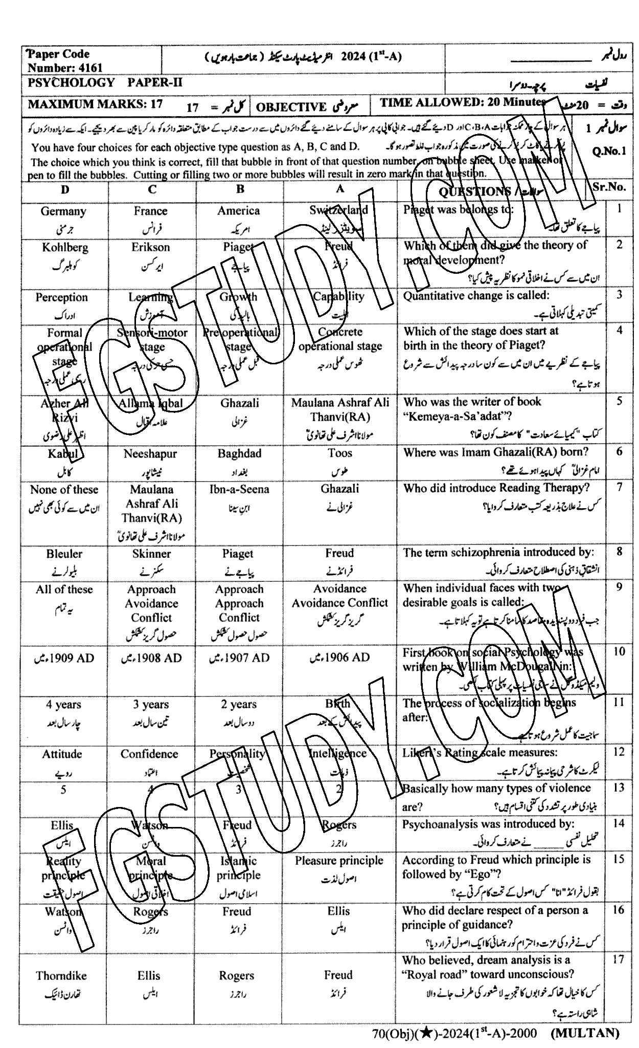 12th Class Psychology Past Paper 2024 Multan Board Objective