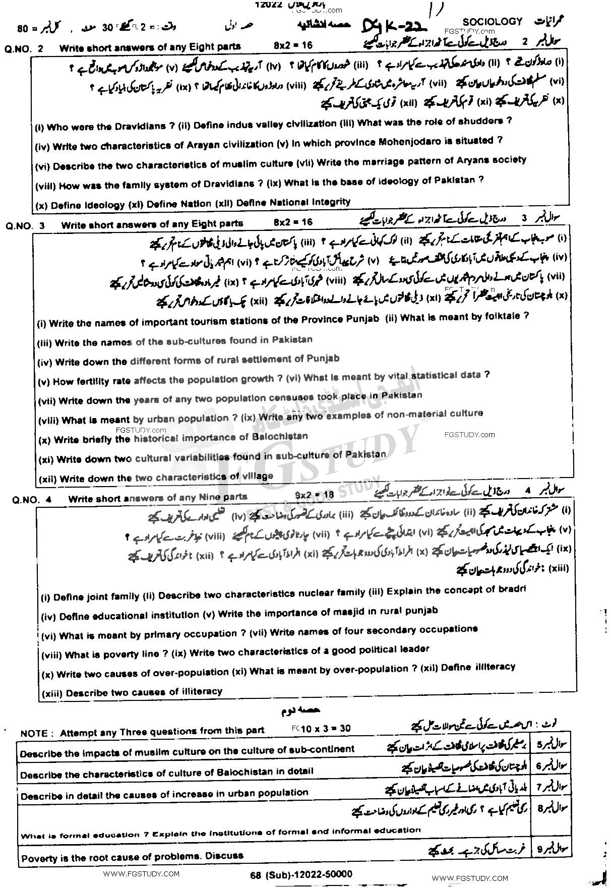 12th Class Sociology Past Paper 2022 Dg Khan Board Subjective