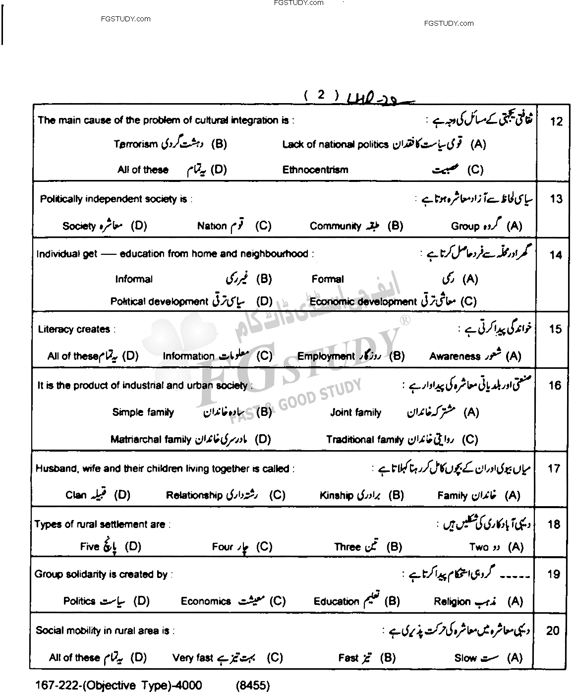 12th Class Sociology Past Paper 2022 Lahore Board Objective