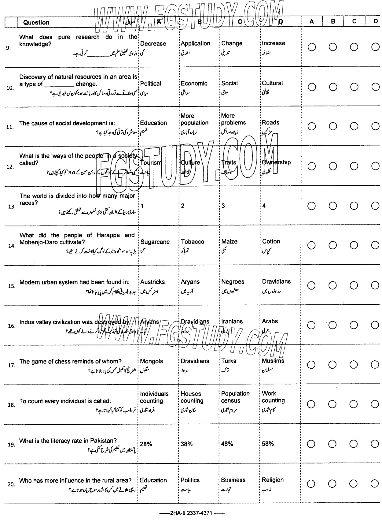 12th Class Sociology Past Paper 2023 Federal Board Islamabad Objective