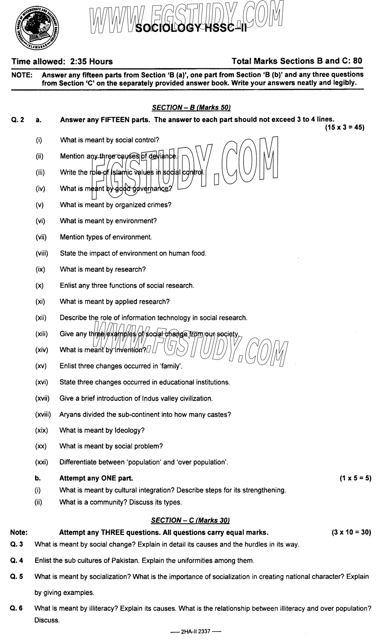 12th Class Sociology Past Paper 2023 Federal Board Islamabad Subjective