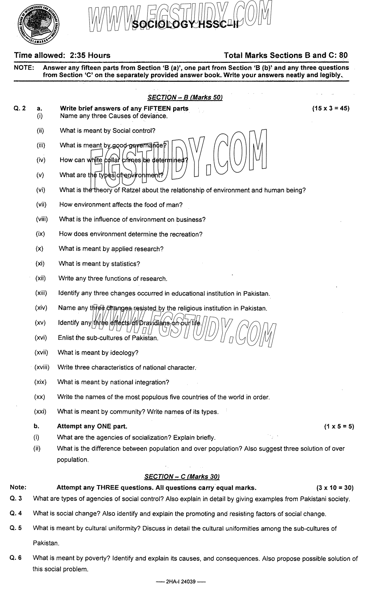 12th Class Sociology Past Paper 2024 Federal Board Islamabad Subjective