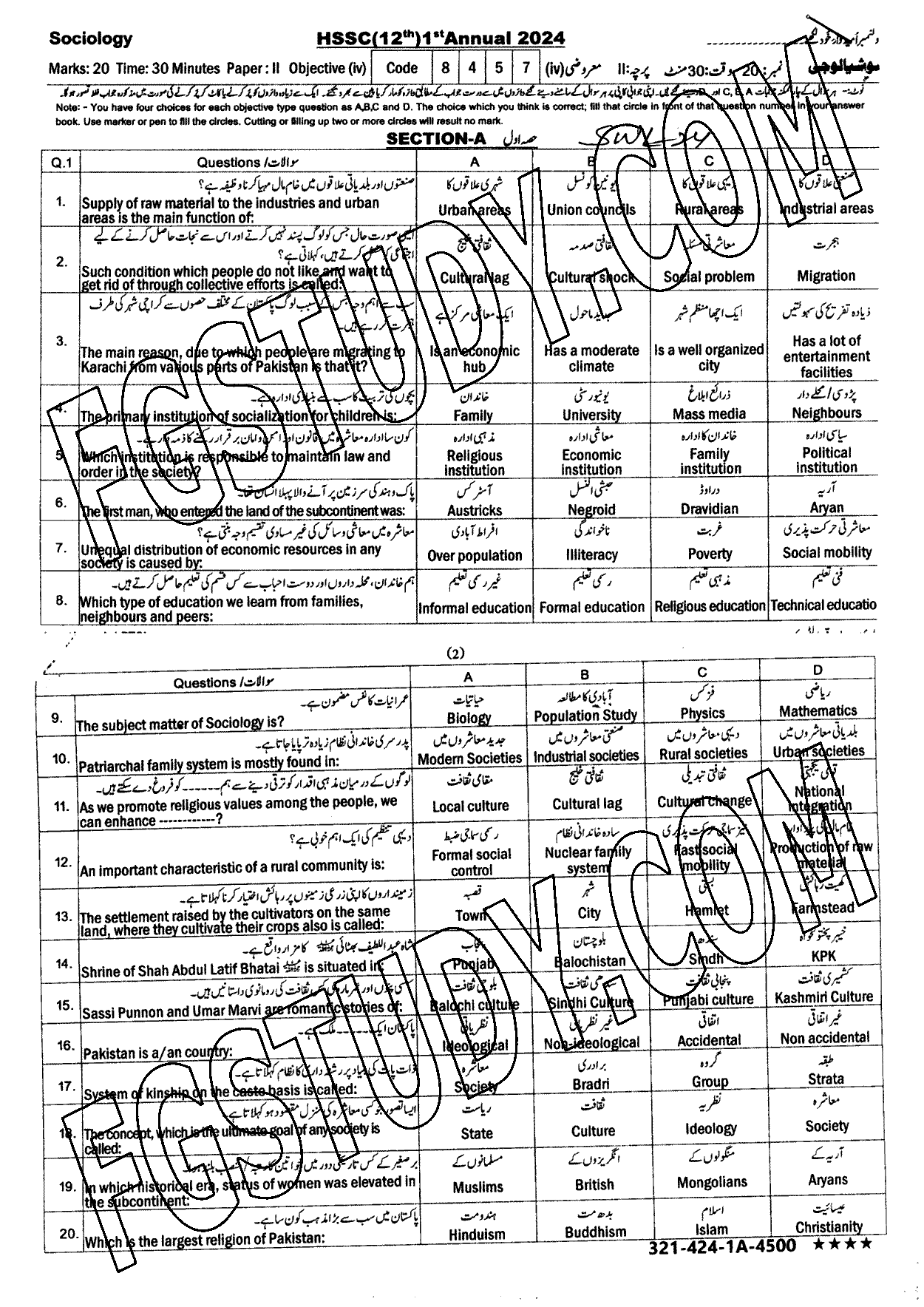 12th Class Sociology Past Paper 2024 Sahiwal Board Objective