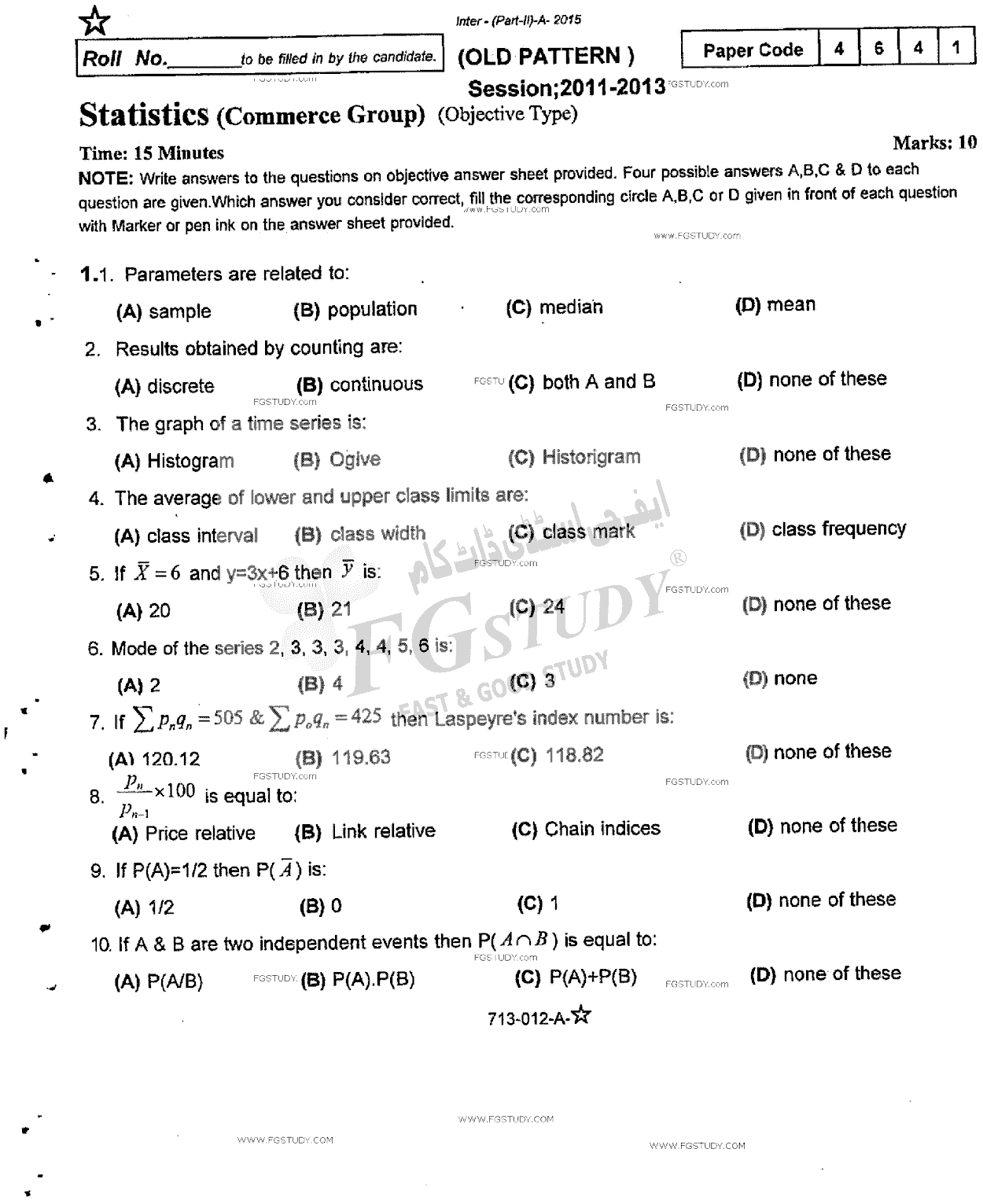 12th Class Statistics Past Paper 2015 Rawalpindi Board Objective